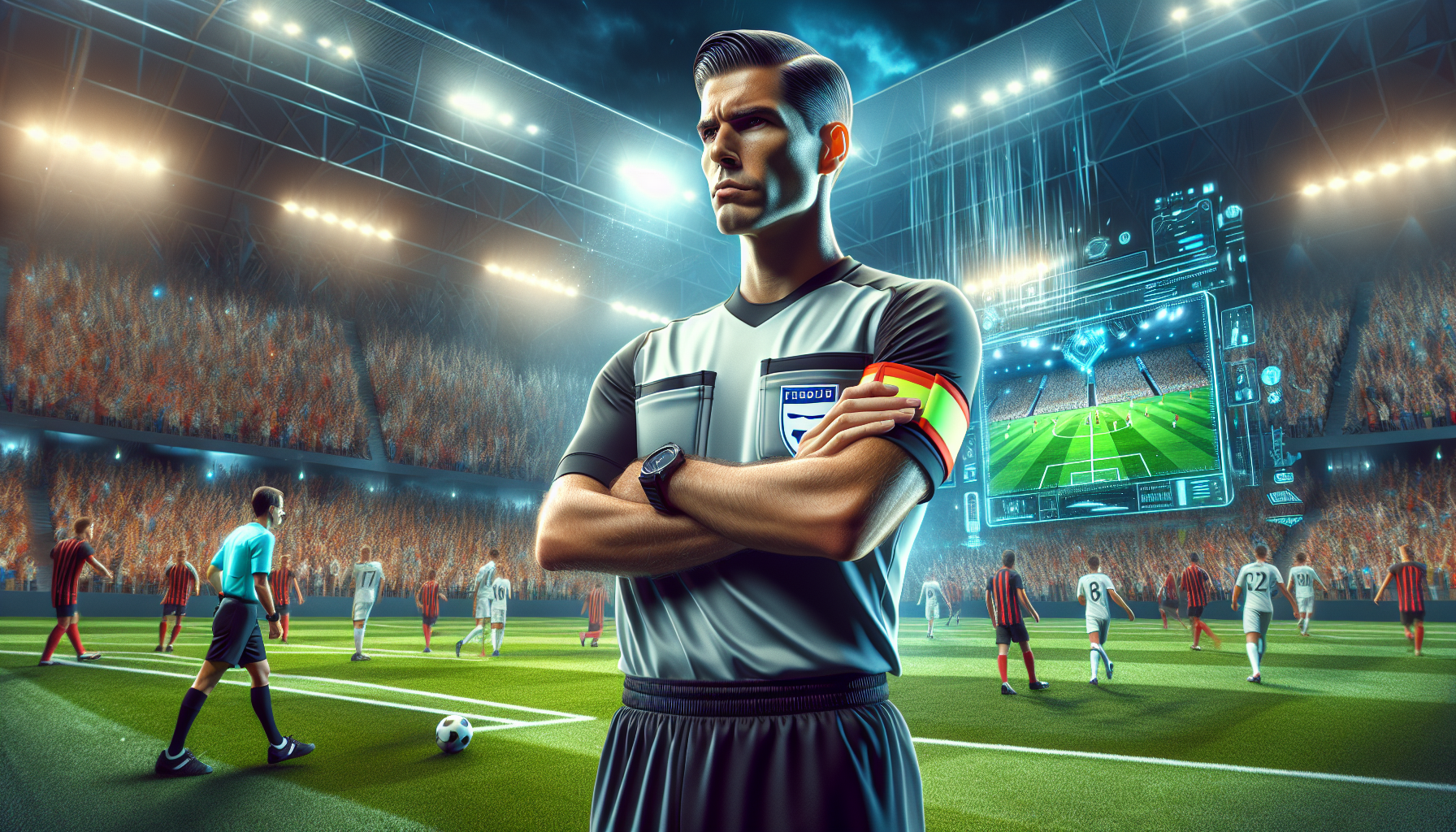 Create an image illustrating Deniz Aytekin on the field during a soccer match, showcasing his calm and composed demeanor as he makes an important decision. Incorporate elements of technology such as the VAR (Video Assistant Referee) screen in the background and graphical overlays highlighting critical moments. Capture the tension and focus, emphasizing Aytekin