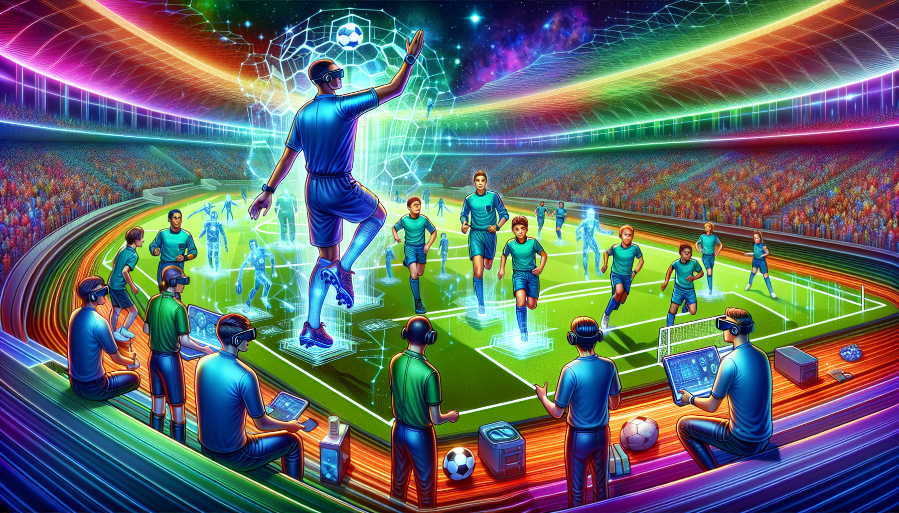 A detailed illustration of a futuristic football stadium with holographic referee training sessions taking place on the field. Deniz Aytekin is depicted as a mentor guiding young, diverse referees who are using advanced technology tools like smart glasses and virtual reality headsets. The background shows a dynamic atmosphere with players, coaches, and fans, all engaged, representing the evolving influence and lasting legacy of Deniz Aytekin in modern football.
