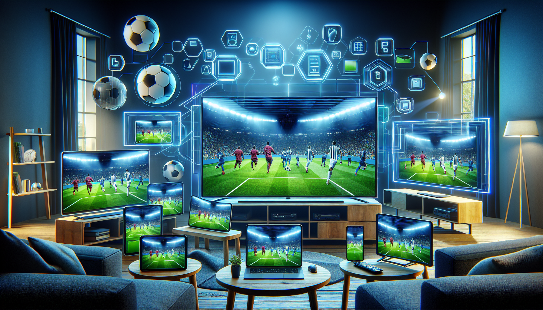 Prompt for DALL-E:

Create an image showcasing the modern alternatives for watching football on TV through various streaming platforms. Include popular services like Amazon Prime Video, ESPN+, and NFL Game Pass. Illustrate a living room setup with a smart TV displaying a football game, alongside devices like a laptop, smartphone, and tablet all streaming football matches. Highlight the ease of accessing high-quality, live football content across multiple devices, reflecting the benefits of subscription plans and the diverse options available for football fans.