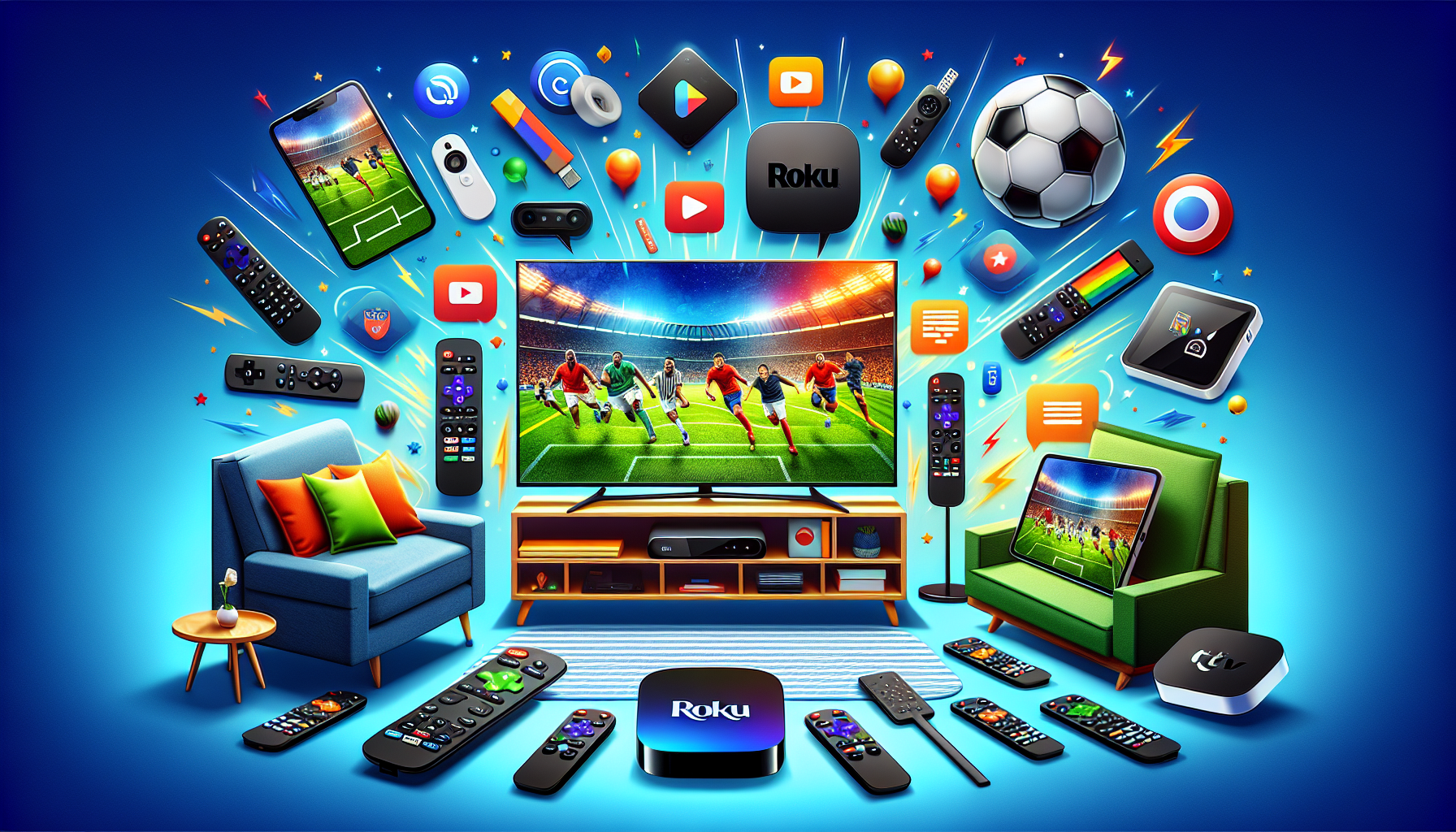 Create an image that showcases the various devices compatible with watching football on TV. The scene should feature a modern living room with a Smart TV prominently displaying a football game. Surrounding the TV, illustrate various streaming devices like Roku, Apple TV, Chromecast, and Amazon Fire Stick. Include remote controls and possibly a smartphone or tablet showing football apps. Ensure the image conveys the ease and flexibility of watching football using different technologies.

Keywords: living room, Smart TV, football game, Roku, Apple TV, Chromecast, Amazon Fire Stick, remote controls, smartphone, tablet, streaming apps.