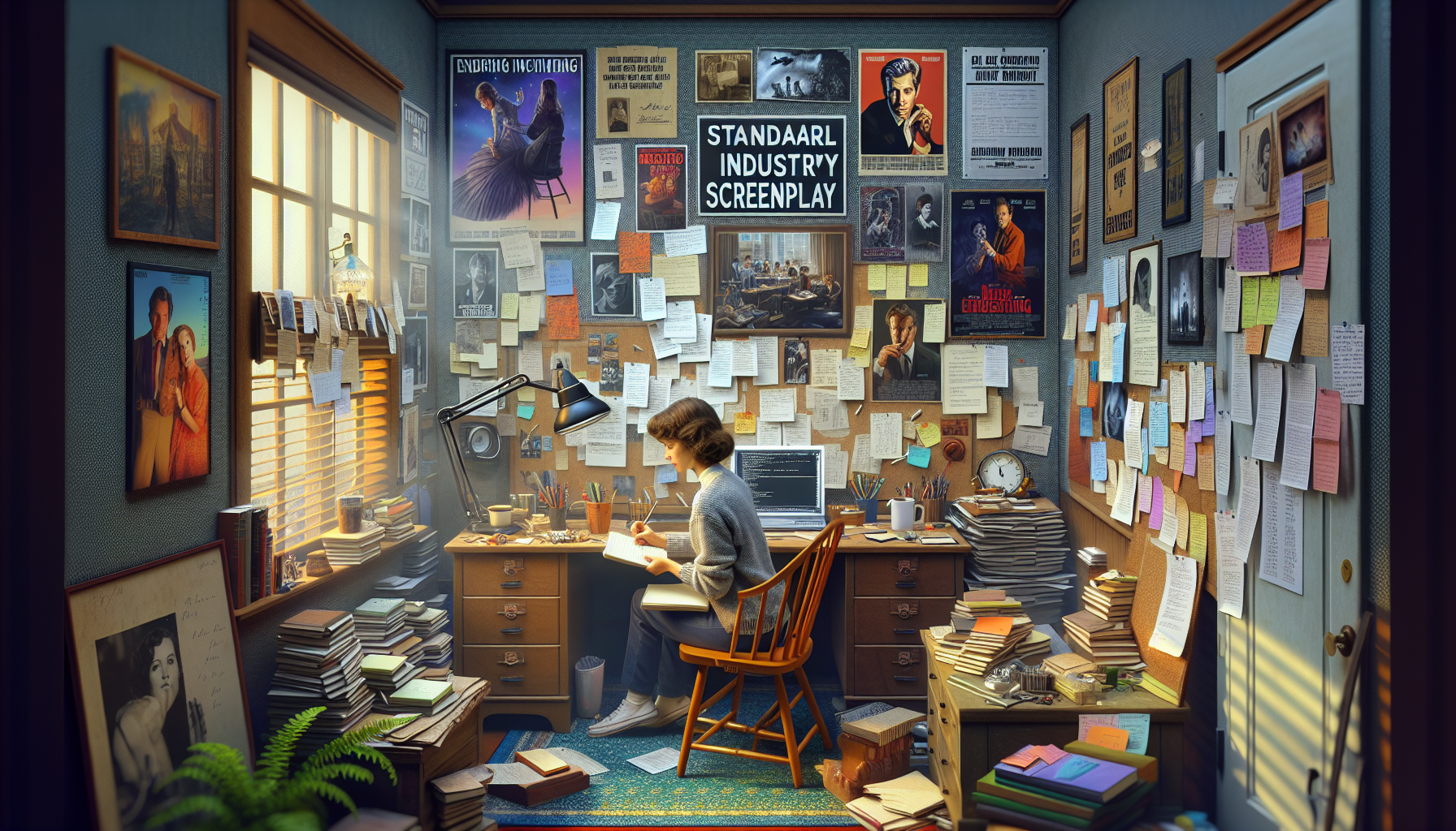An image of a writer in a cozy, well-organized home office, working diligently on a screenplay. The room is filled with inspirational posters and books on screenwriting. On the desk, there