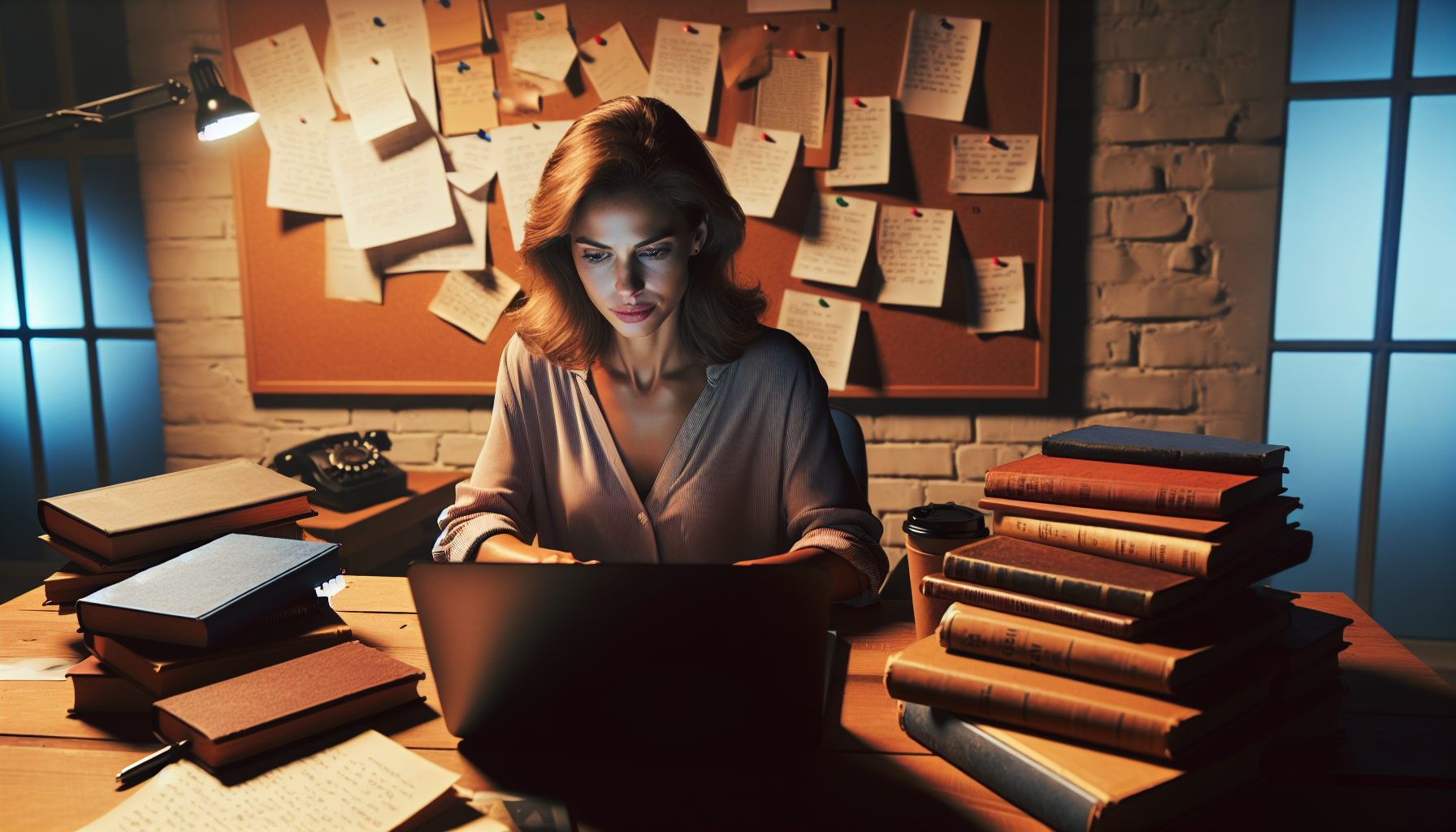 Create an image that depicts a determined screenwriter at their desk late at night, surrounded by stacks of classic screenplays and reference books. A bulletin board behind them is filled with notes and feedback scribbles from a recent workshop. The room is warmly lit, and the screenwriter’s face reflects motivation and persistence as they type away on their laptop.