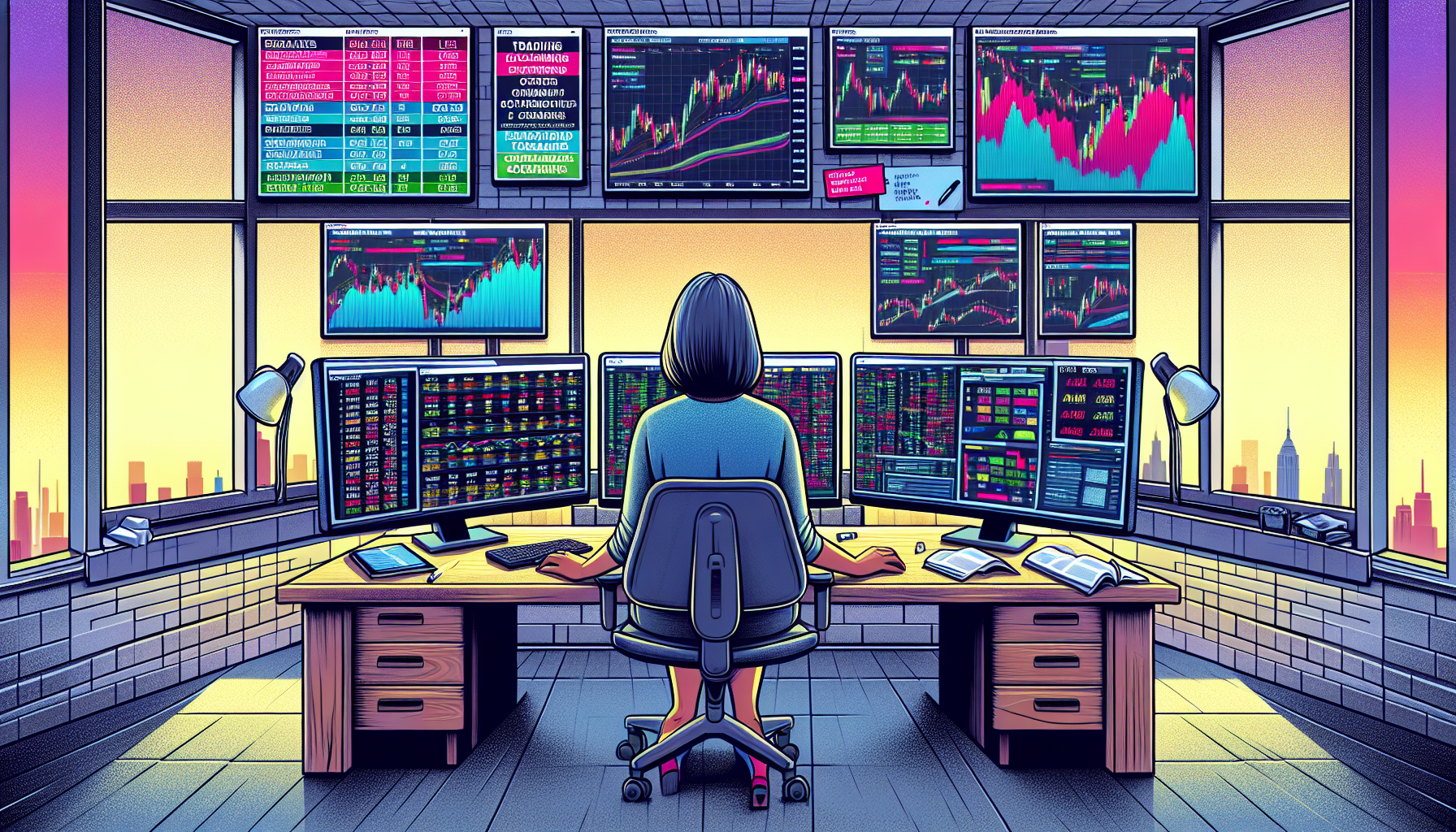Illustrate a trader analyzing multiple online futures brokers on a computer screen, focusing intensely on comparing fee structures, trading platforms, and customer support ratings. The background features financial charts, and a checklist with key evaluation points such as 