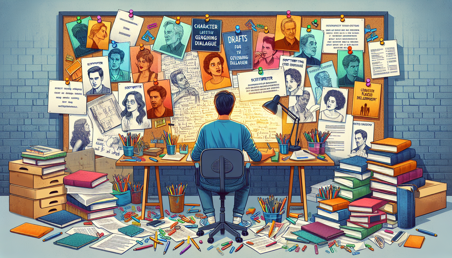 Create an image that portrays a scriptwriter at a desk surrounded by character sketches and dialogue drafts. The workspace should have a creative clutter—papers, pens, and books on scriptwriting—highlighting techniques for developing multi-dimensional characters and crafting authentic, engaging dialogue. The background could show different types of scripts (e.g., for film, TV, and theatre) pinned on a corkboard, emphasizing the balance between character development and plot progression.