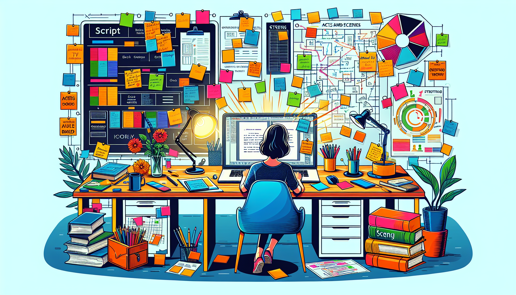 Create an illustration that vividly showcases the process of structuring a script for maximum impact. The image should feature a workspace with a professional scriptwriter meticulously outlining and structuring a script. Include elements like sticky notes, index cards, a laptop with a script template open, a storyboard in the background, and books titled Acts and Scenes and Pacing in Storytelling. The atmosphere should be focused and creative, highlighting the importance of outline and structure in script writing for film, TV, and theatre.