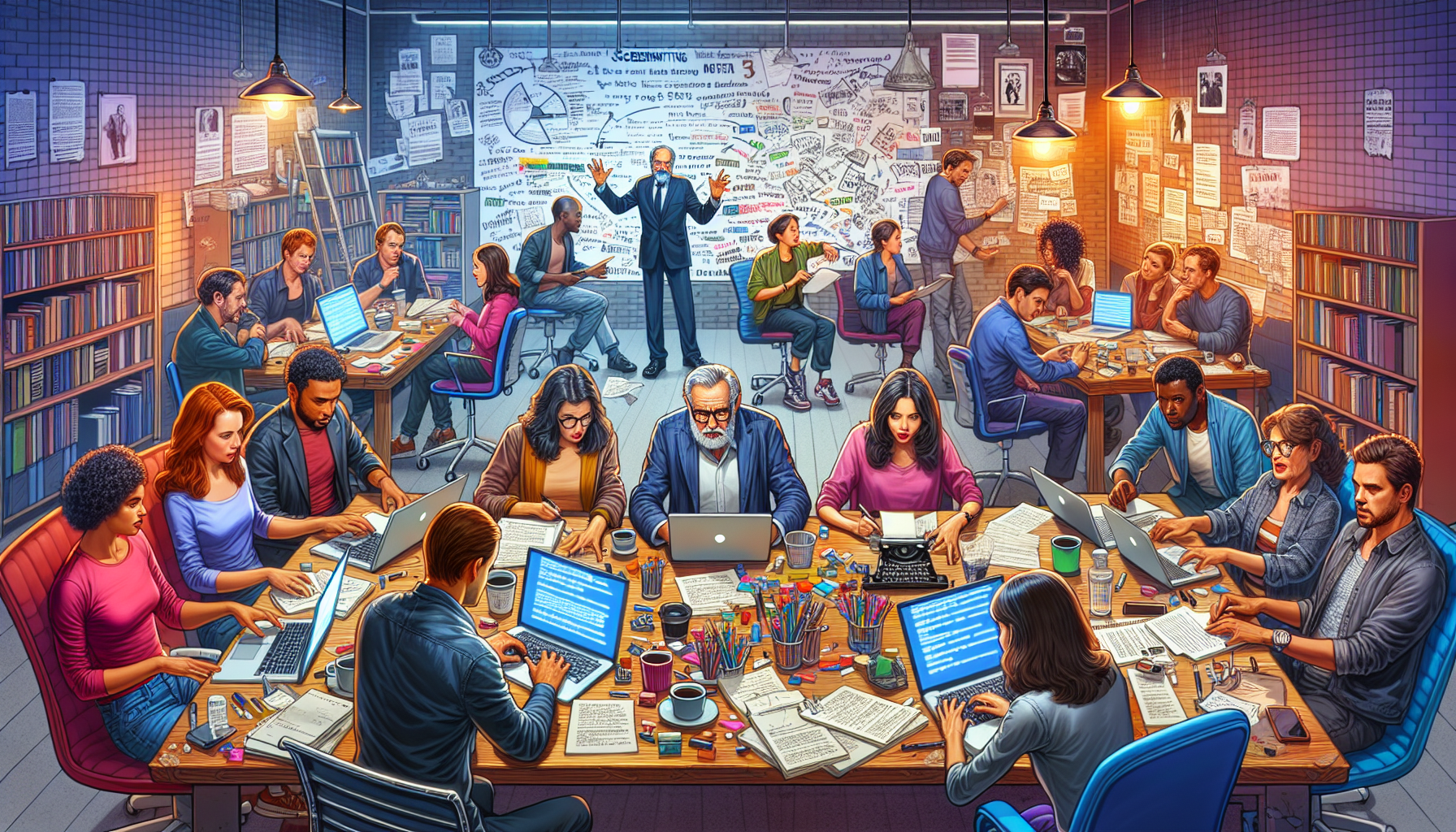 Create an image that depicts a bustling writer