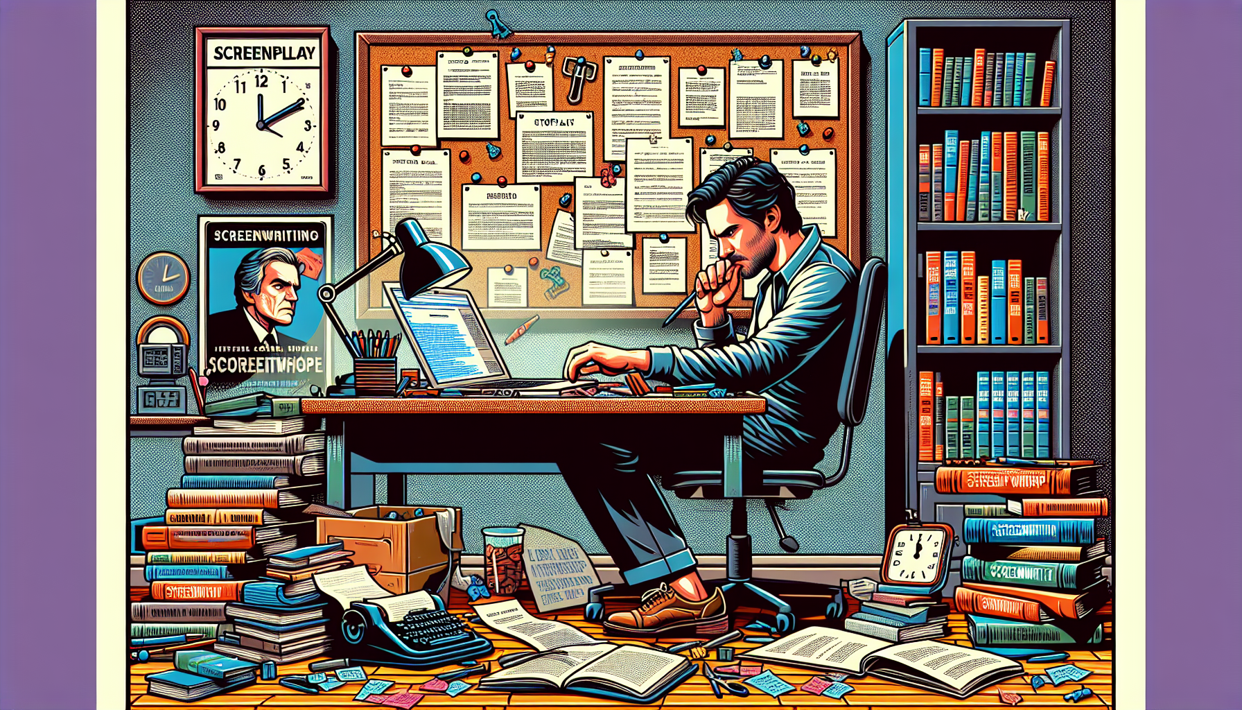 Create an image that captures a dedicated screenwriter surrounded by a collection of screenplays, notes, and writing tools at a desk in a cozy, well-lit room. The screenwriter is deeply immersed in their craft, with a wall-mounted corkboard filled with index cards and plot outlines behind them. Nearby, a bookshelf is brimming with books on screenwriting and successful movie scripts. The room also features a laptop open to a screenwriting workshop website, and a nearby stack of marked-up screenplays for analysis. A clock on the wall indicates late-night dedication, symbolizing frequent practice and disciplined writing habits.