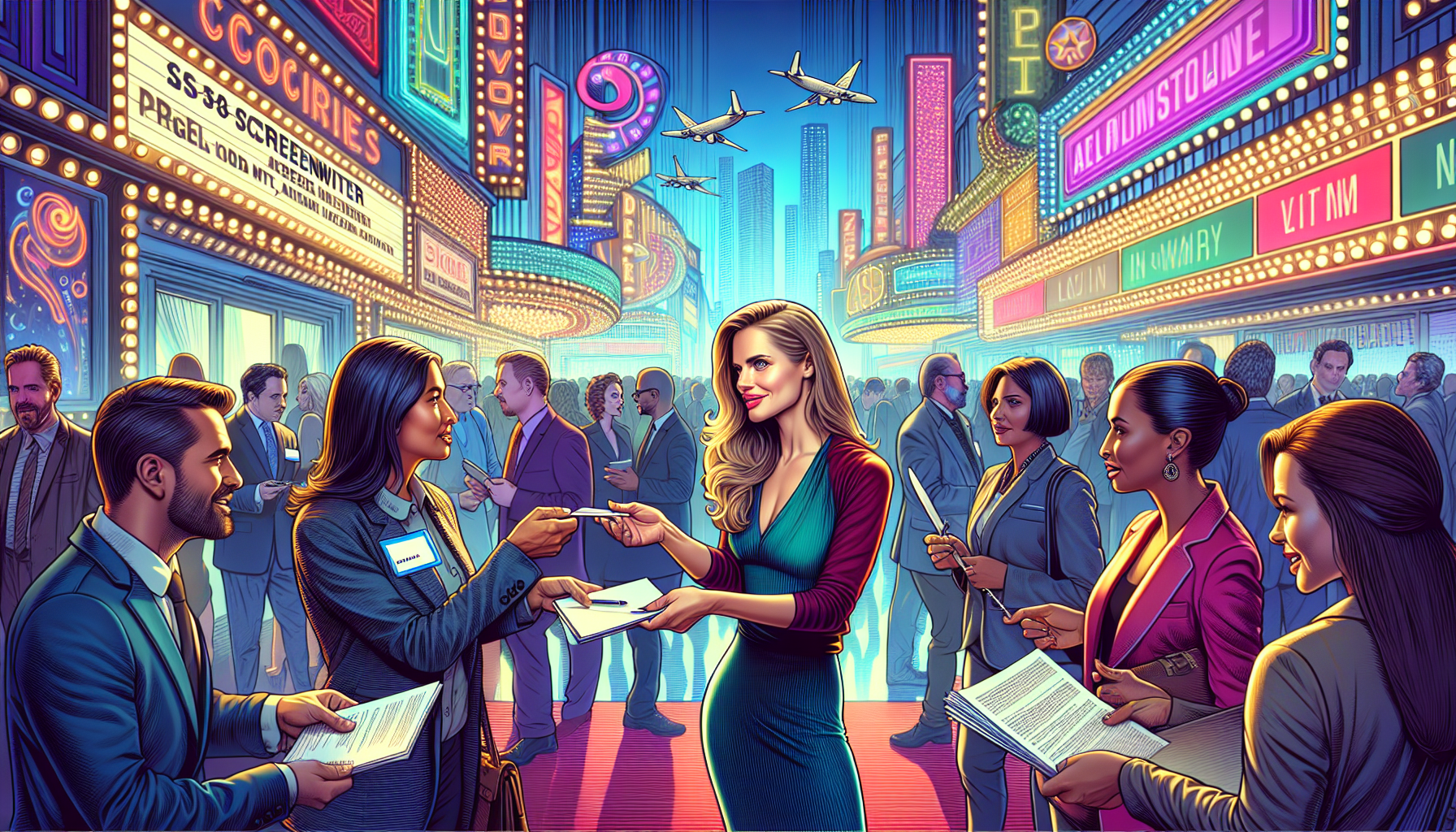 Create an image that depicts a screenwriter in a bustling film industry setting. They are actively engaging in networking at a vibrant film festival or industry event, exchanging business cards, and discussing their screenplay with producers and agents. The background showcases a variety of industry professionals, film posters, and banners that highlight the dynamic environment. The screenwriter holds a polished screenplay, emphasizing their preparedness and ambition, while subtle elements like trendsetting magazines and industry news screens underscore the importance of staying updated within the industry.
