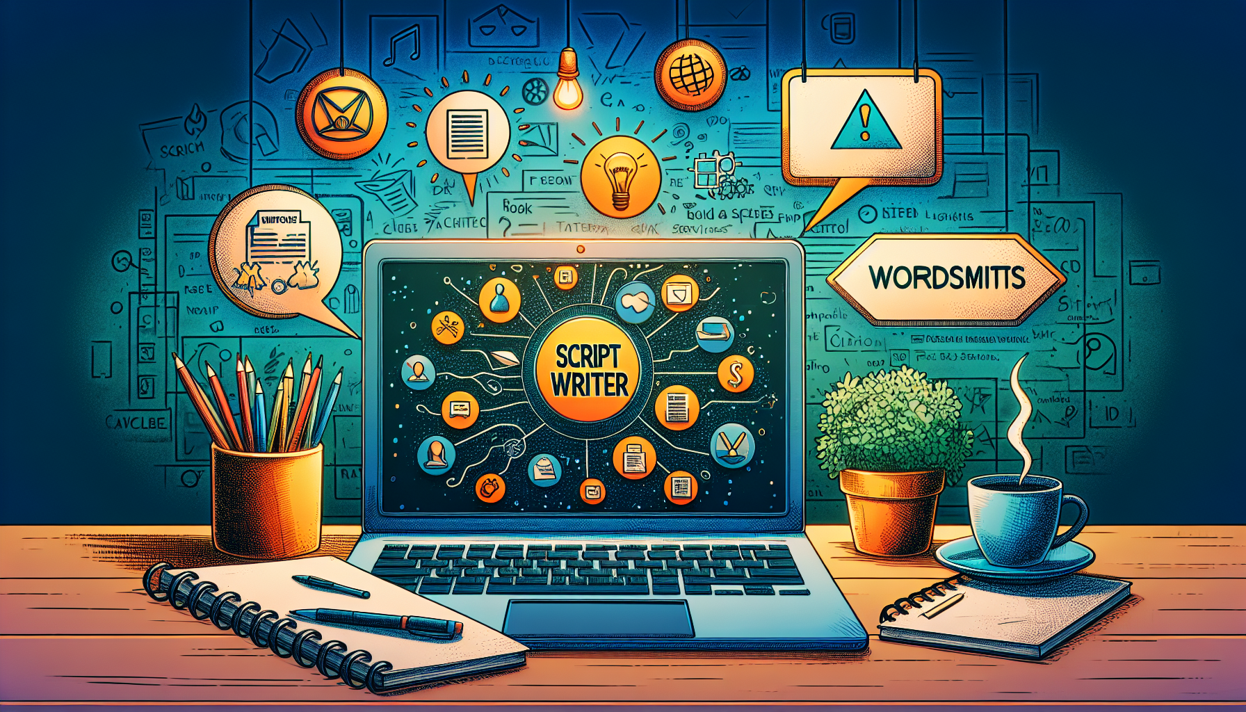 Prompt for DALL-E: An illustration of a laptop screen displaying a variety of reputable platforms to find a script writer online, including logos for Upwork, Fiverr, and Scripted. The background features an office desk with a coffee cup, notepads, and a film clapboard, signifying creativity and scriptwriting. Overlapping the laptop screen is an infographic-style layout, showcasing unique features of these platforms and emphasizing verified and top-rated script writers.