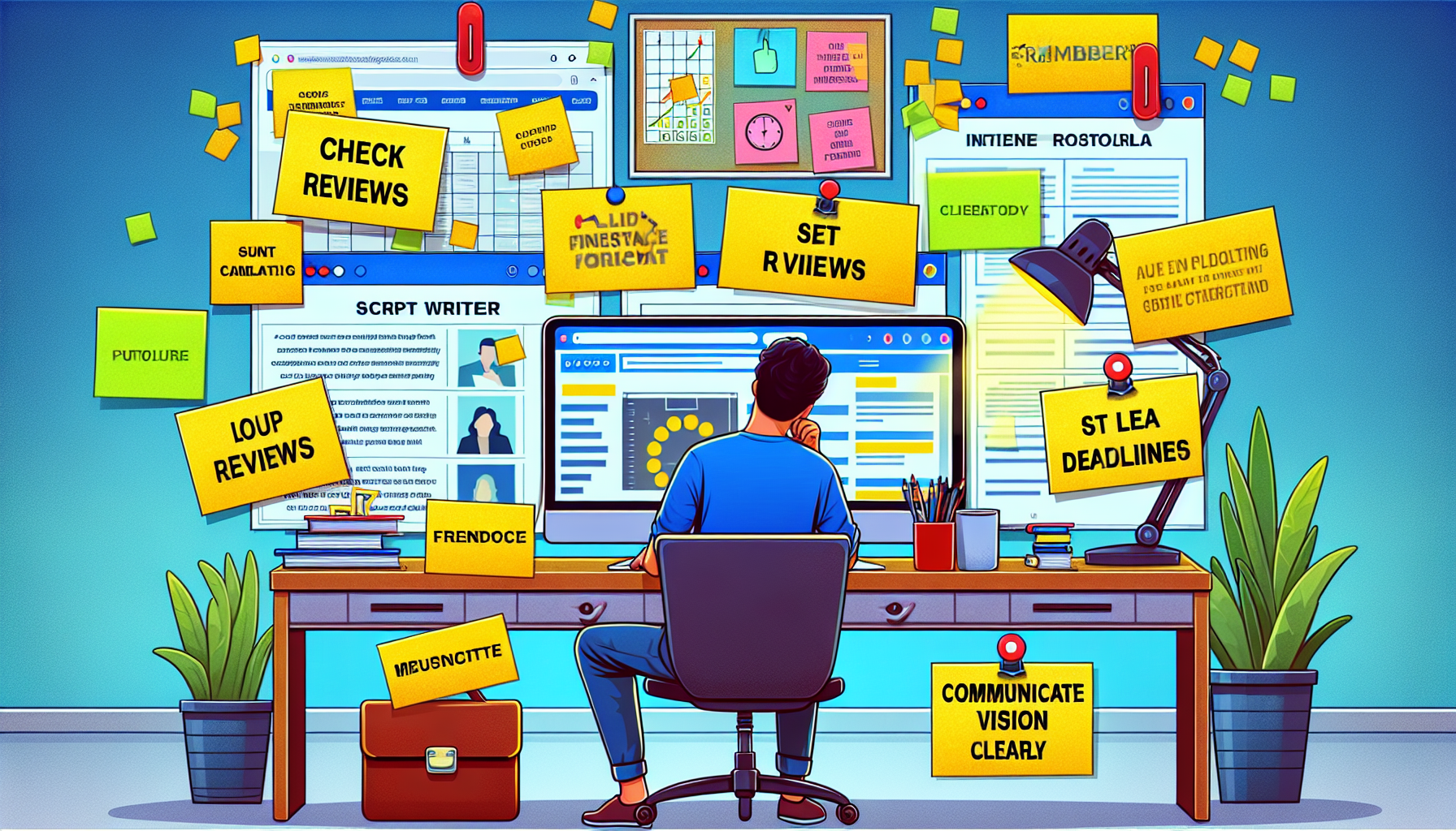 An image of a person sitting at a desk, intently reviewing a script writer’s portfolio on a laptop, with multiple tabs open showing different freelance platforms. The scene includes sticky notes on the wall with tips like 