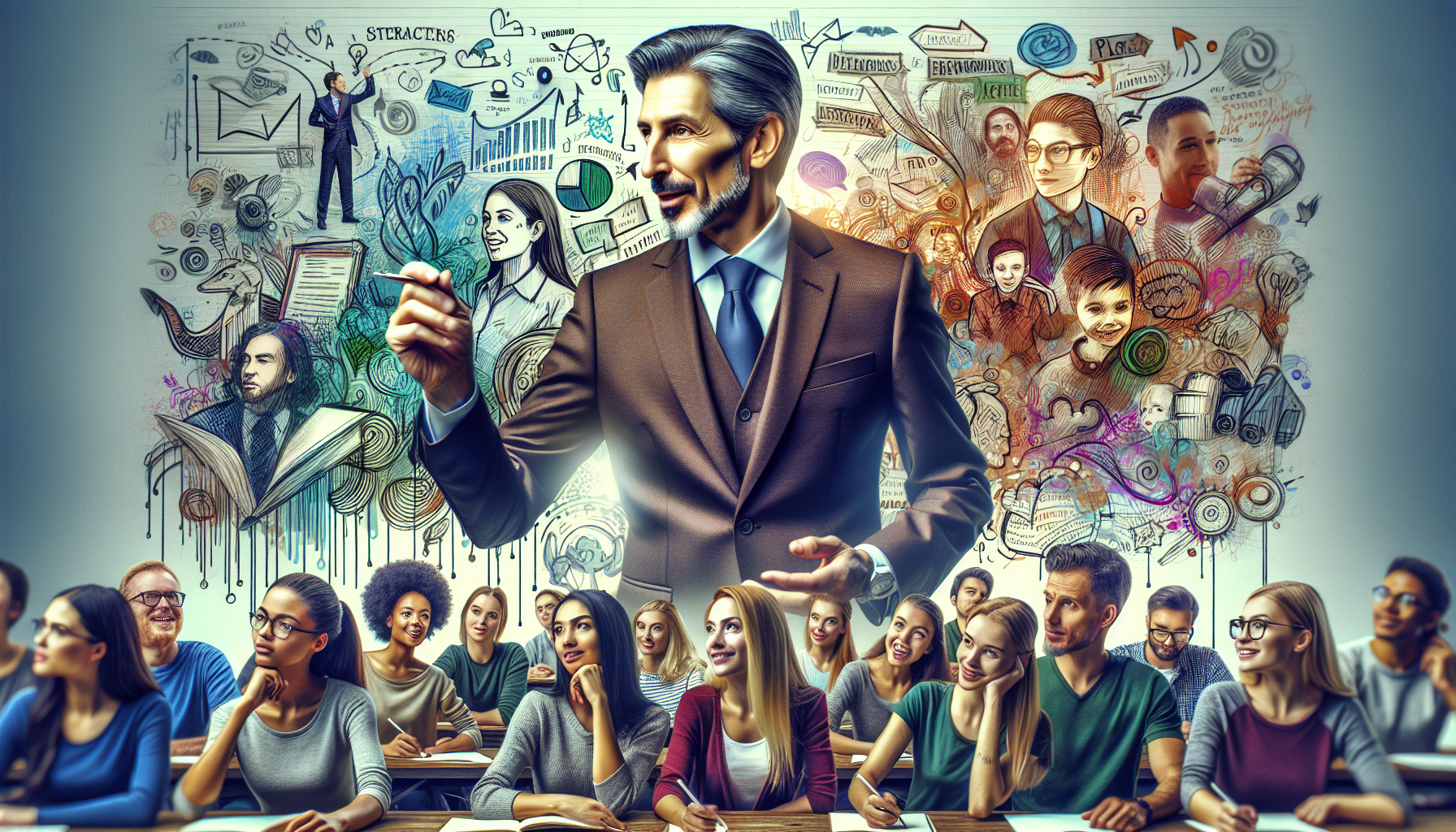 Create an image that features a dynamic classroom setting with Aaron Sorkin standing confidently at the front, engaging with a diverse group of aspiring screenwriters. The image should showcase vibrant expressions on their faces as they jot down notes, illustrating their excitement and inspiration. In the background, incorporate elements like a whiteboard filled with scribbled character profiles, dialogue snippets, and story arcs to emphasize the focus on character development, compelling dialogue, and mastering narratives. The atmosphere should feel creative and intellectually stimulating, capturing the essence of a transformative learning experience.