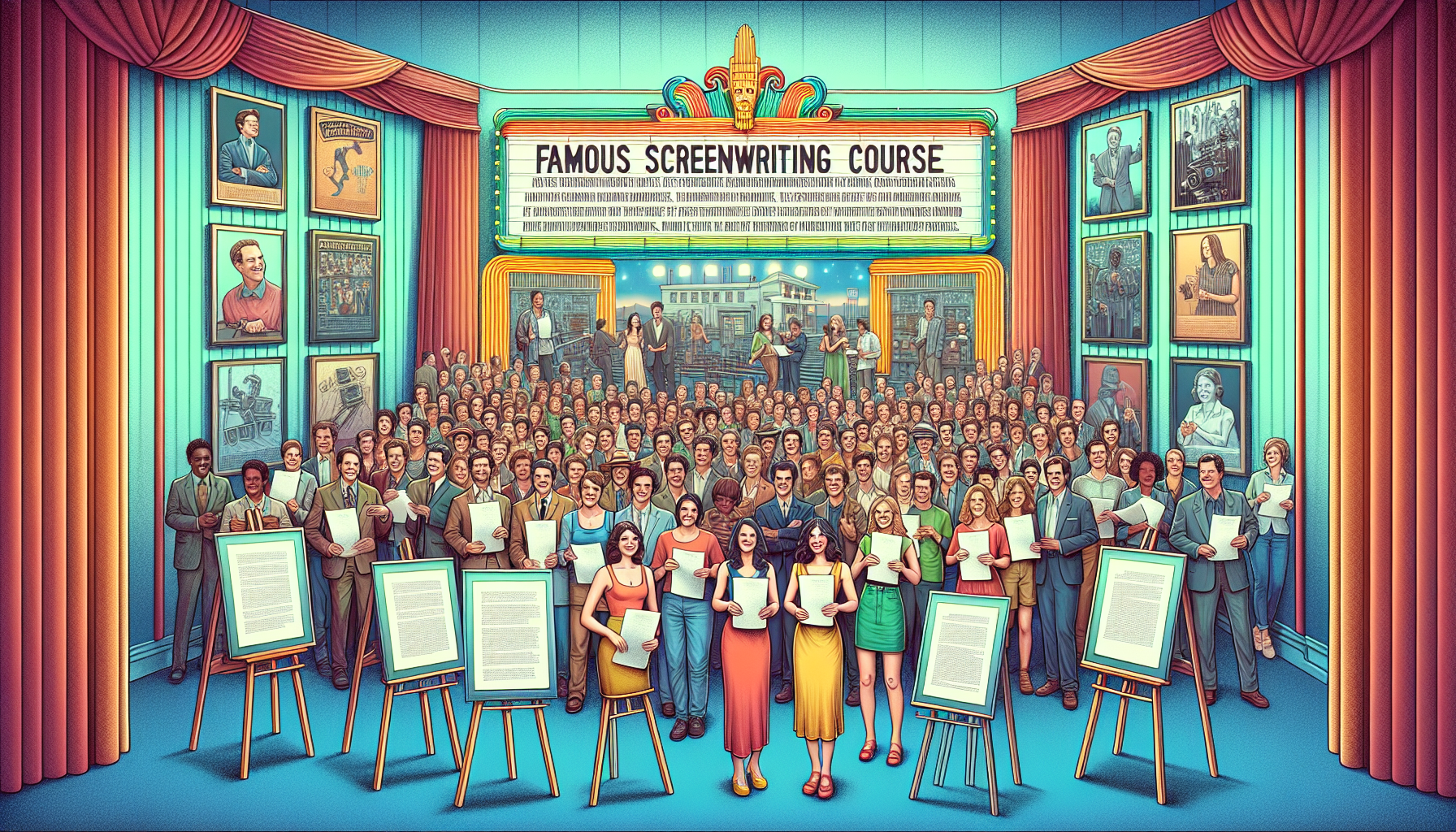 A group of enthusiastic aspiring screenwriters smiling and holding their finished screenplays, set against a backdrop featuring a movie set and a large banner reading 