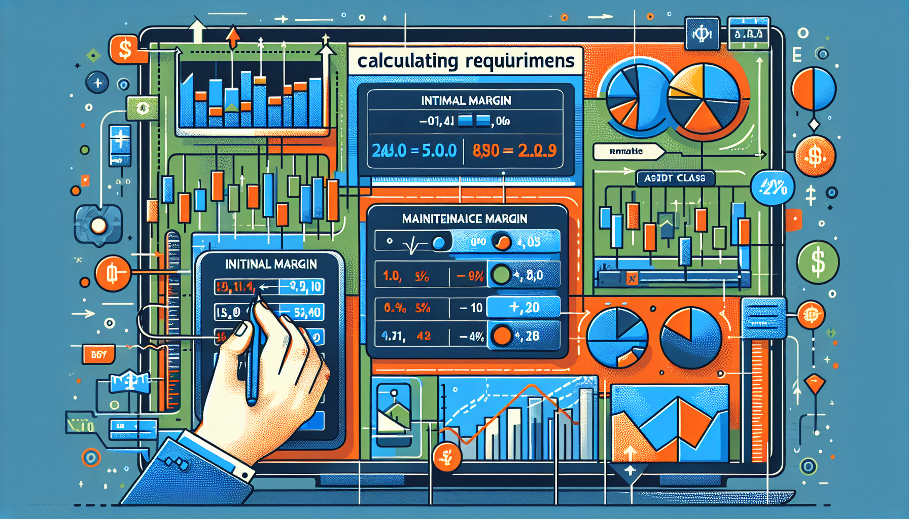 Create an image for:
A detailed illustration showing how Interactive Brokers calculates margin requirements, including methods like Initial Margin and Maintenance Margin, as well as factors that influence these requirements such as asset class, volatility, and regulatory considerations. The image should include charts, graphs, and annotations to clearly explain the calculation methods and influencing factors.