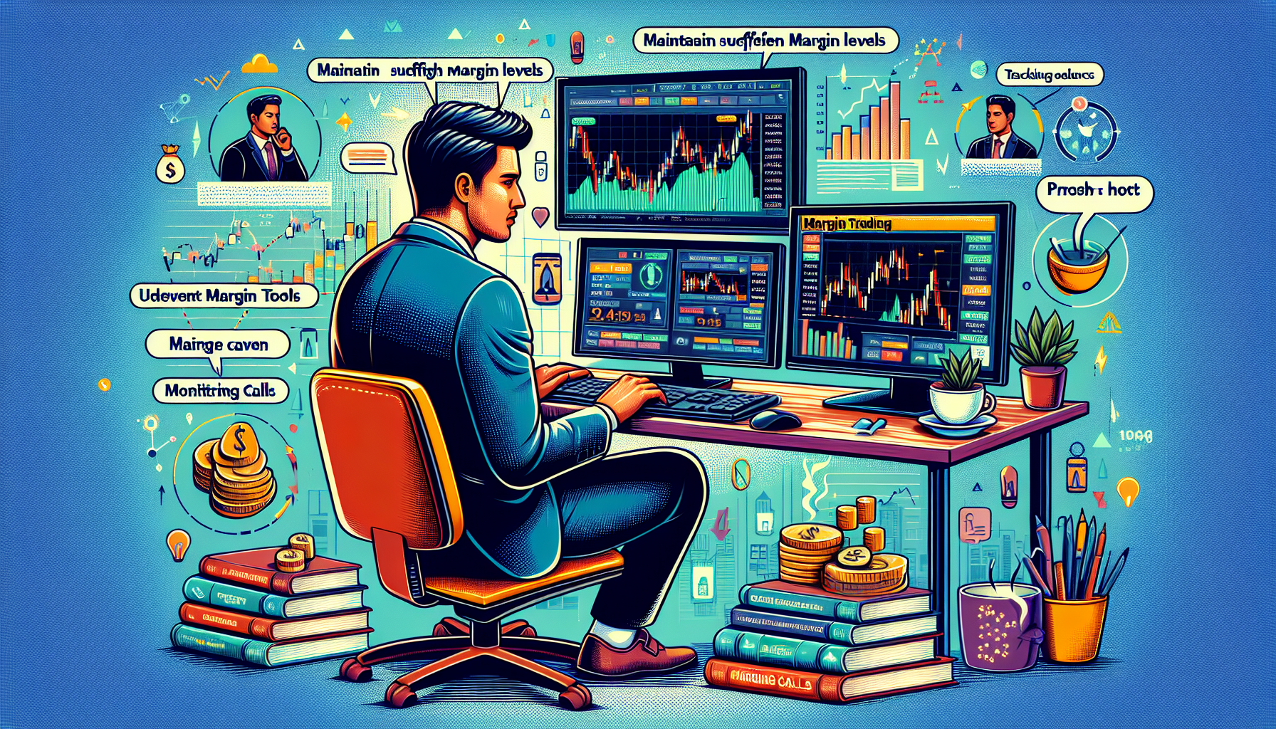 Create an image that illustrates practical tips for managing margin with Interactive Brokers. Include a trader sitting at a desk, looking at dual monitors displaying financial charts and graphs. One monitor should show an Interactive Brokers interface with margin levels, and tools for monitoring margin. Add thought bubbles with tips like “Maintain Adequate Margin Levels,” “Avoid Margin Calls,” and “Use Monitoring Tools.” Include a section of the screen demonstrating a successful case study, highlighting graphs with upward trends. Background elements should include other trading-related items such as books titled “Margin Trading” and cups of coffee to convey a focused workspace.