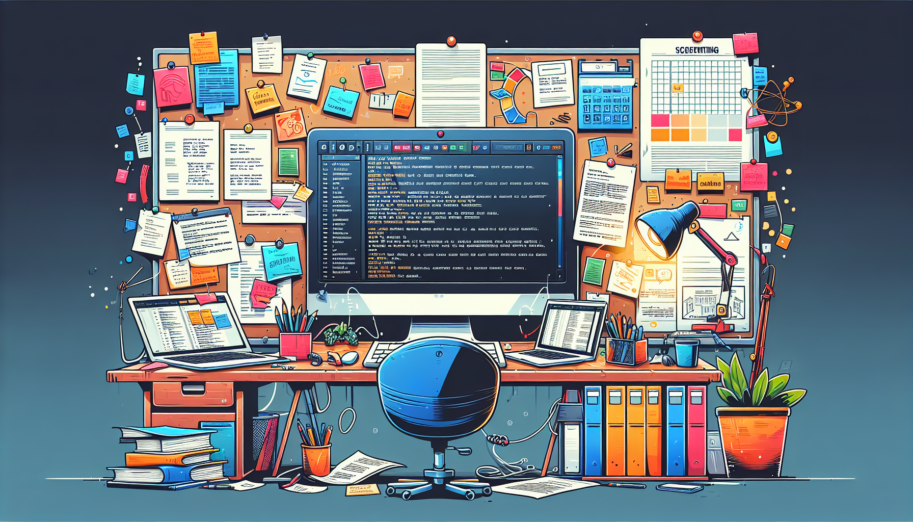 Create an image that shows a dynamic screenwriting workspace featuring Celtx on a computer screen. The workspace should include elements like script templates, a collaboration chat window, and a detailed script breakdown on the side. Add a calendar or scheduling tool, with a focus on productivity and teamwork. The background can display a creative study with sticky notes and a storyboard on the wall, implying an organized yet creative environment.