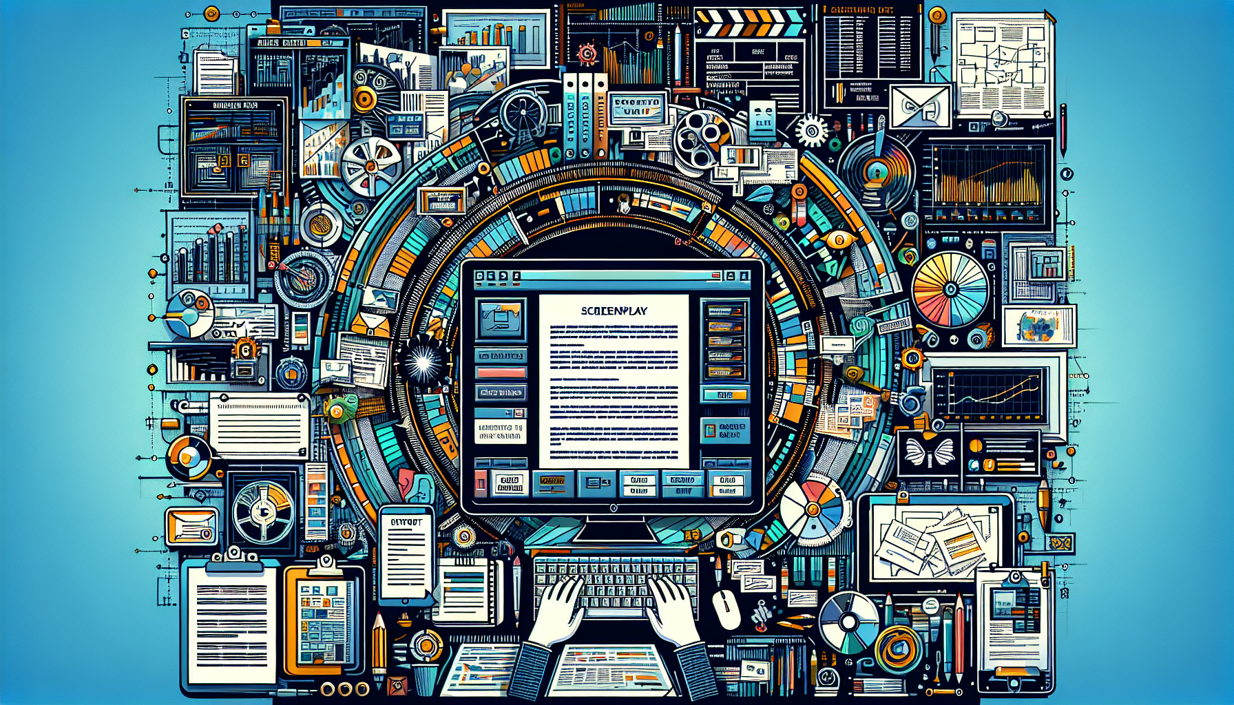 An advanced Celtx screenwriting workspace showcasing a polished, professionally formatted script on the main screen. Surrounding the script are detailed storyboards and shot lists, illustrating the visual planning process. The interface reflects multiple export and sharing options, highlighting industry-standard formats. The scene is set in a modern, creative workspace filled with screenwriting tools and references.
