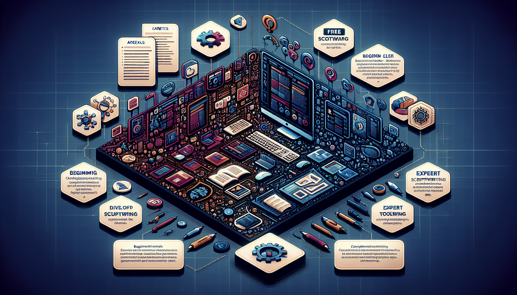 Create an image showing a virtual workspace with a variety of digital icons representing the best script writing programs for different needs. Include logos and UI elements from popular script writing software such as Final Draft, Celtx, and WriterDuet. One section should showcase beginner-friendly programs with a simplistic and user-friendly interface, while another section highlights advanced features aimed at professional screenwriters. Also, depict a comparison chart illustrating the pros and cons of free versus paid script writing programs. The overall design should be clean, modern, and informative, with a focus on aiding users in selecting the right tools for their specific requirements.