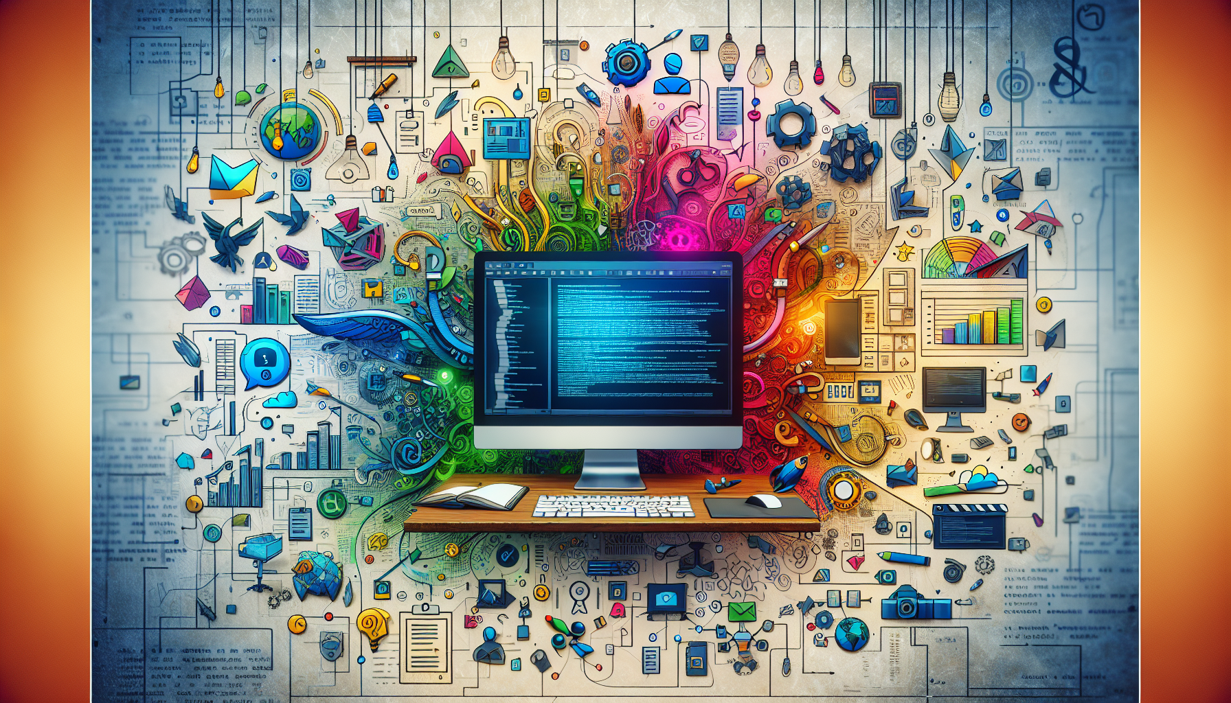 Create an image showcasing a dynamic workspace equipped with various tools enhancing a script writing program. The scene should include a computer with open script writing software, surrounded by icons representing must-have add-ons, plugins, productivity apps, and collaborative tools. The background should reflect a creative environment, possibly with notes and storyboard sketches pinned on a wall. Keywords: productivity, collaboration, script writing program.