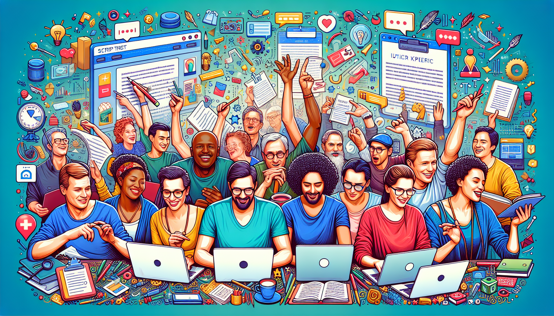 Create a detailed and vibrant illustration featuring emerging writers engaging with the top script writing websites. The scene should include writers working on laptops, exploring features and benefits of different platforms, with elements highlighting user experience, reviews, and distinctive features. Include backgrounds depicting interactive website interfaces, reviews, and elements that represent scriptwriting, such as scripts, pens, and creative icons. The atmosphere should be energetic and inspiring, capturing the essence of a community of writers honing their craft.