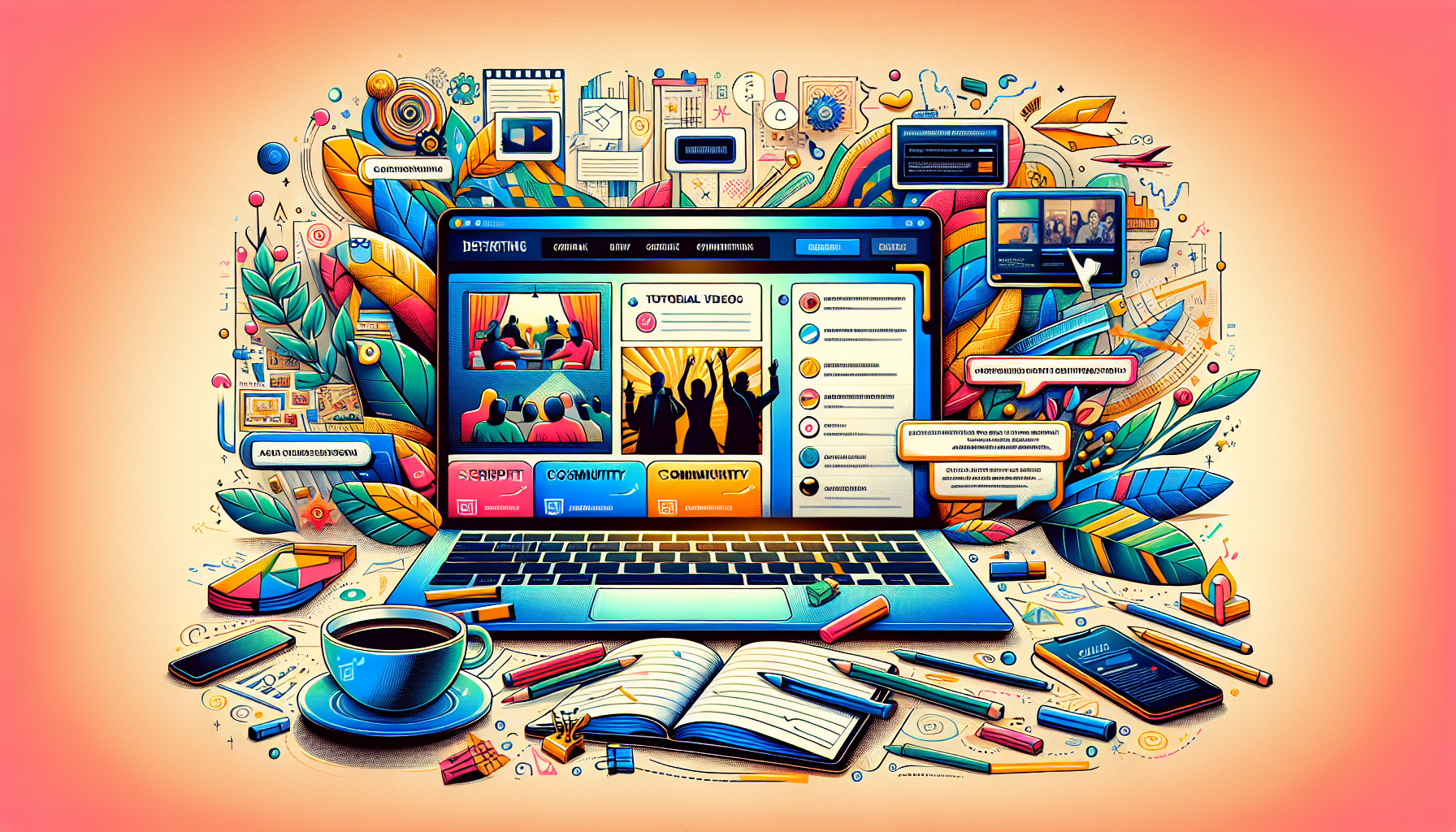 Create an image depicting an engaging and vibrant online script writing platform interface. The screen should showcase features like tutorial videos, available script templates, an active community forum with various discussion threads, and a section highlighting best practices for submitting scripts. Surrounding the laptop, include subtle elements like a cup of coffee, a notepad, a pen, and a plant to create a productive and inspirational workspace atmosphere.