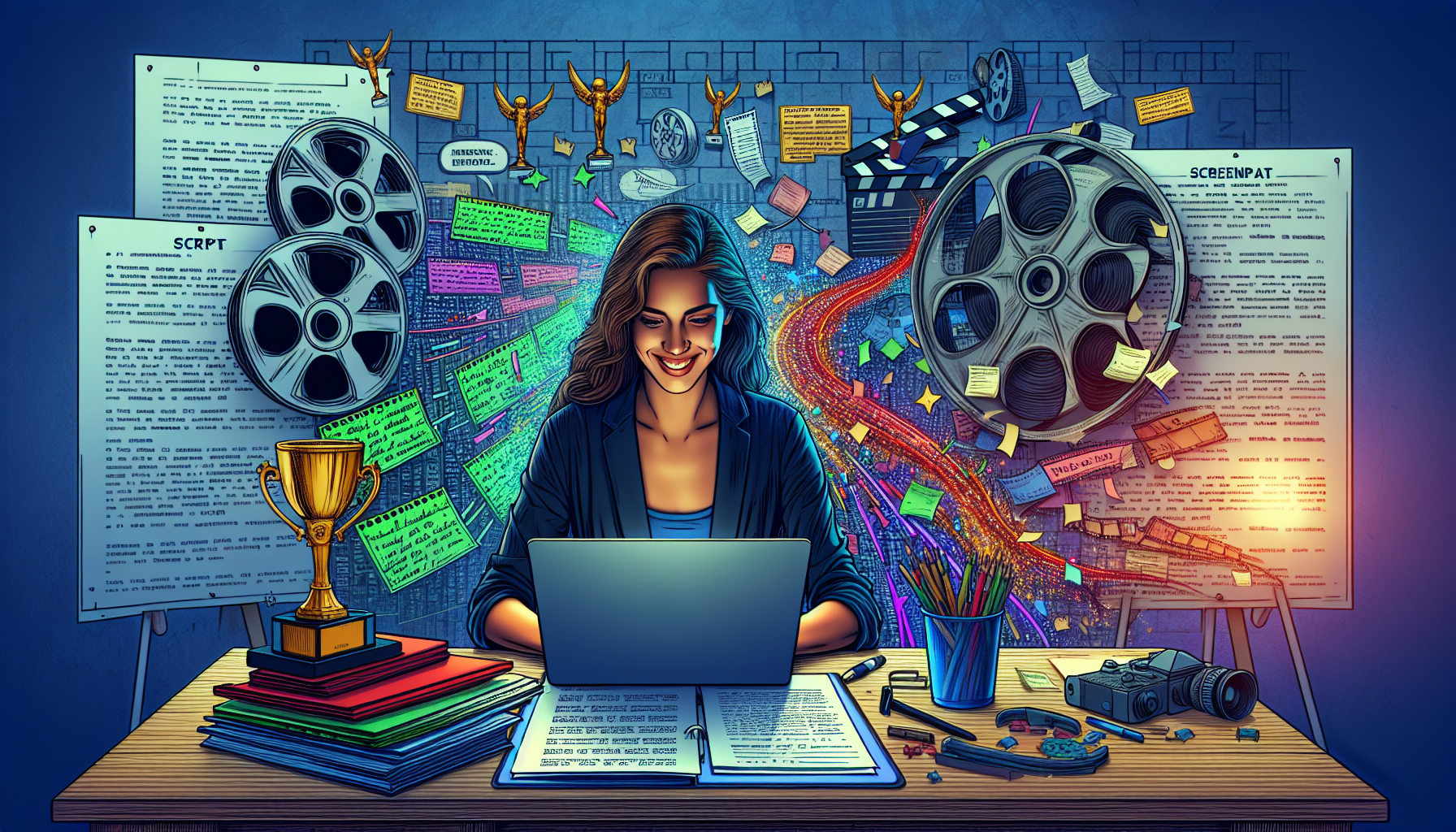 Create an image that shows a young, aspiring screenwriter looking excited as they read through a detailed screenplay coverage report. The background should include elements symbolizing the film industry, such as film reels, script pages, and film awards. Include subtle representations of feedback and revision, like a whiteboard with notes and a computer showing a script marked with highlighted sections and comments. The scene should convey a sense of growth, learning, and professional insight.