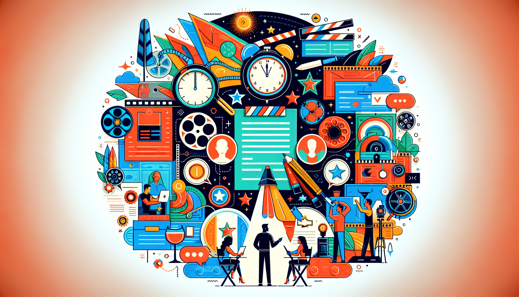 Create an image that depicts a movie script surrounded by various icons representing key factors to consider when choosing a screenplay coverage service, such as a price tag for costs, a clock for turnaround time, and a person with a magnifying glass for reviewer expertise. The background should be a colorful, yet professional studio setting, with elements like film reels, director