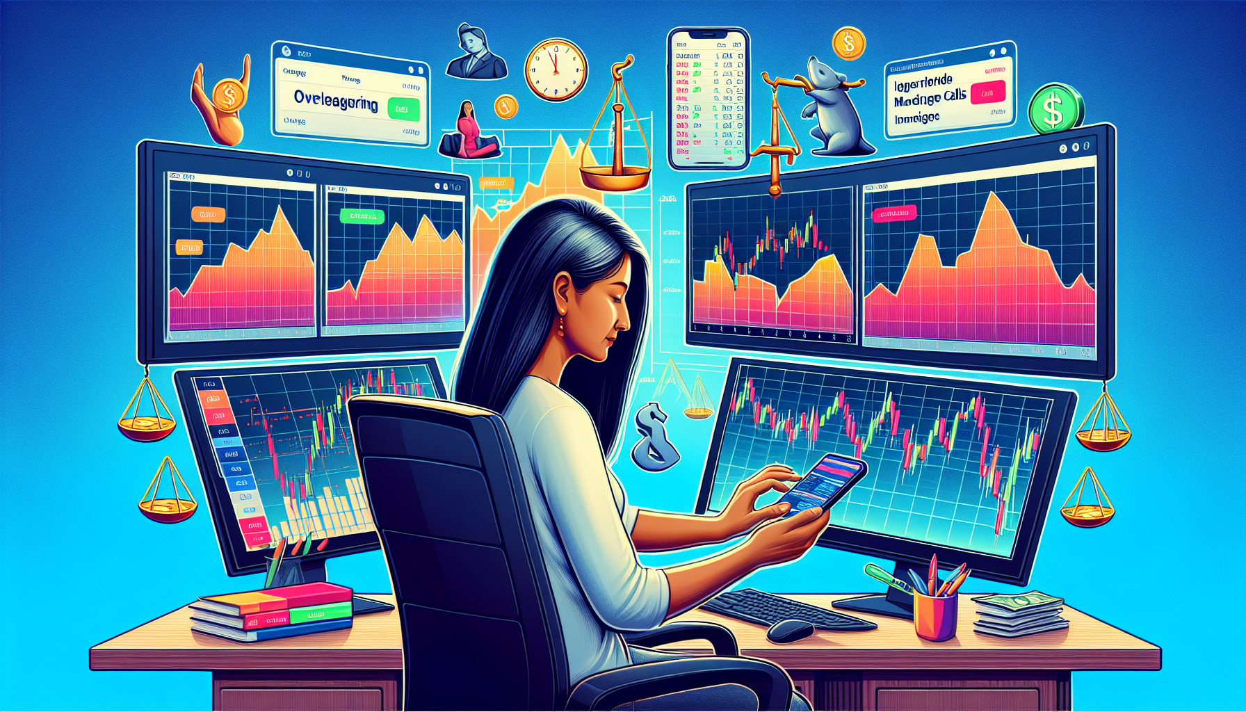 Create an image illustrating the concept of Common Mistakes to Avoid When Trading with OANDA Margin. The scene should feature a trader at a desk with multiple screens showing financial charts. The background should include visual representations of common mistakes such as overleveraging (e.g., a balance scale heavily tipped on one side), ignoring margin calls (e.g., a phone with missed alerts), and a trading graph with a sharp decline. Include text banners or labels indicating these mistakes and consequences like Overleveraging, Margin Call Ignored, and Loss. The mood should be serious and educational.