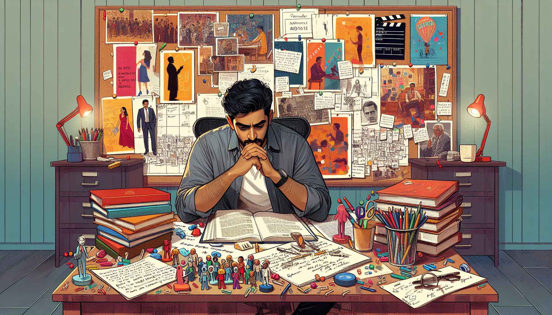 Create an image that captures the essence of a writer engrossed in developing a movie script. The scene should feature the writer at a cluttered desk with various handwritten notes and storyboards pinned on a corkboard behind them. The writer should be deep in thought while reviewing character sketches and brainstorming narrative arcs, with books on storytelling and character development scattered around them. The background can include a hint of a cozy, creative space filled with inspiration such as movie posters and small figurines of iconic characters.