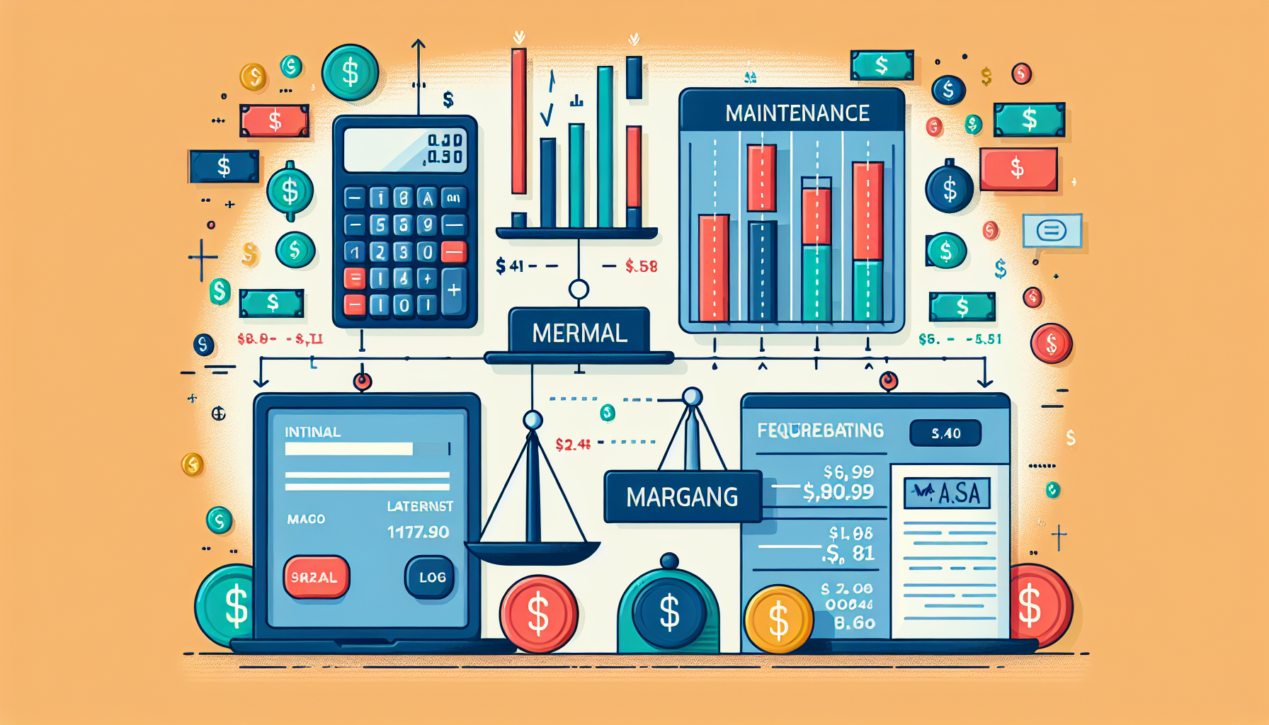 Create an image illustrating the functionality of a TD Ameritrade Margin Account. The scene should include elements like a bar graph demonstrating initial and maintenance margin requirements, a calculator and dollar signs representing interest rates and fees, and a balanced scale to symbolize the risks and rewards of trading on margin. The background can feature the TD Ameritrade logo subtly integrated into the design.