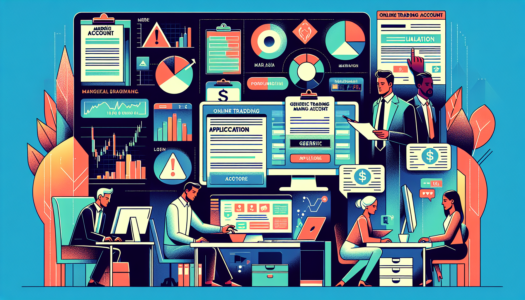 Create an image that represents the process of opening and managing a TD Ameritrade Margin Account. Include visuals of people filling out application forms, a computer screen displaying a TD Ameritrade dashboard, and symbols of financial stability and risk management like charts, graphs, and warning signs. Emphasize a professional setting and make sure it conveys a sense of strategic planning and careful management.