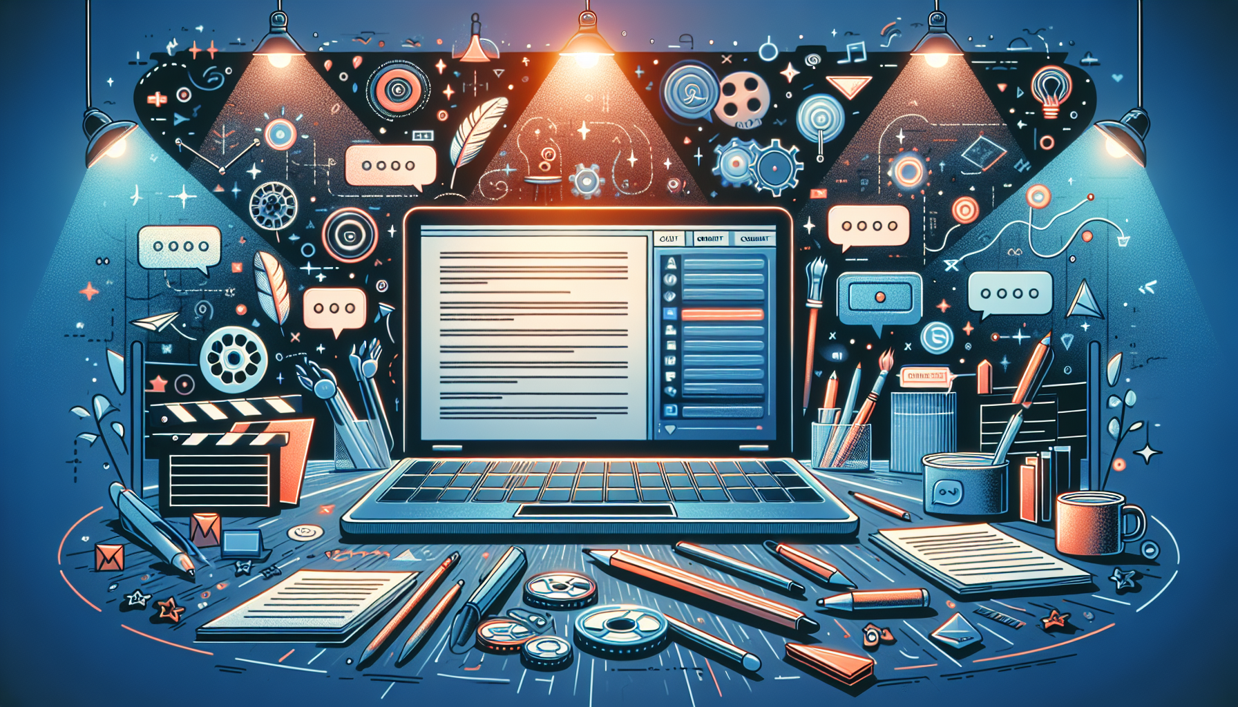 Create an image that showcases the essential features of Celtx script writing, highlighting key aspects such as script formatting, the use of templates, and collaborative writing. Include a laptop screen with an open Celtx script, with visible formatting lines, template selections, and a collaborative chat or comment section. Surround the laptop with visual icons or symbols representing scriptwriting, such as a quill pen, clapperboard, and dialogue bubbles. The background should resemble a creative workspace with soft lighting. 

Keyword: celtx script writing.
