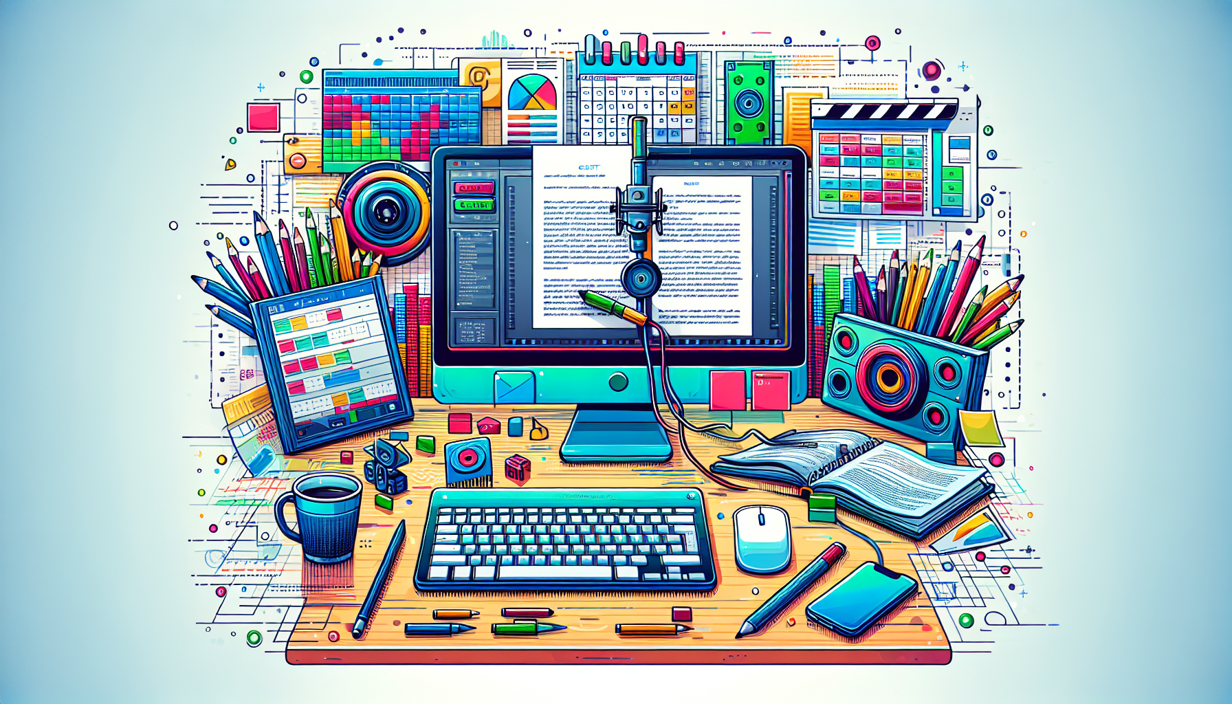 Create a DALL-E prompt for an image based on the third point of the outline:

An image displaying a professional scriptwriting workspace using Celtx, showcasing advanced Celtx features like multimedia integration, scheduling tools, and options for exporting scripts. The workspace includes a computer screen with a Celtx script in progress, incorporating audio, video, and image elements in the script. Around the workspace are tools for project management, including a visible calendar and budget spreadsheets, emphasizing efficient project handling.