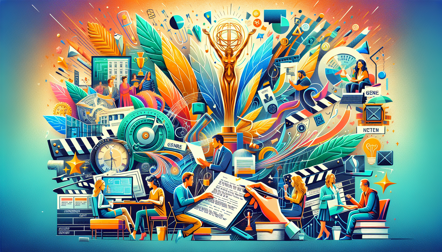 Create a DALL-E image depicting a vibrant and engaging collage of various renowned screenwriting contests. Incorporate elements such as the prestigious Academy Nicholl Fellowships award trophy, the Austin Film Festival logo with a writer holding a script and receiving feedback, the PAGE International Screenwriting Awards logo with genre categories, the Sundance Screenwriters Lab emblem with a scene of writers collaborating in a creative workspace, and the BlueCat Screenplay Competition logo with an image of a script marked with detailed notes. The collage should convey a sense of community, support, and career advancement for screenwriters.