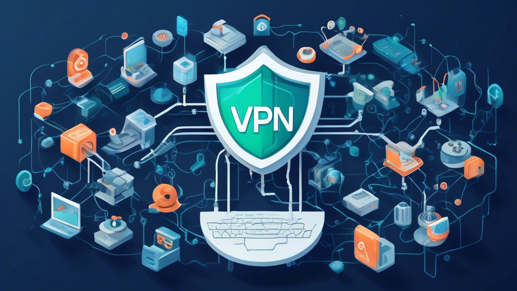 Create an intricate and educational illustration that depicts the inner workings of a VPN. Show a visual representation of secure connections over the internet, emphasizing various VPN protocols like OpenVPN, L2TP/IPsec, PPTP, and WireGuard. Include symbolic icons of encryption locks and shield graphics to highlight security features. The backdrop should feature interconnected devices such as computers, smartphones, and servers, all linked through encrypted tunnels. The style should be modern and informative, suitable for enhancing understanding of complex technical concepts for readers looking to learn more about VPNs.