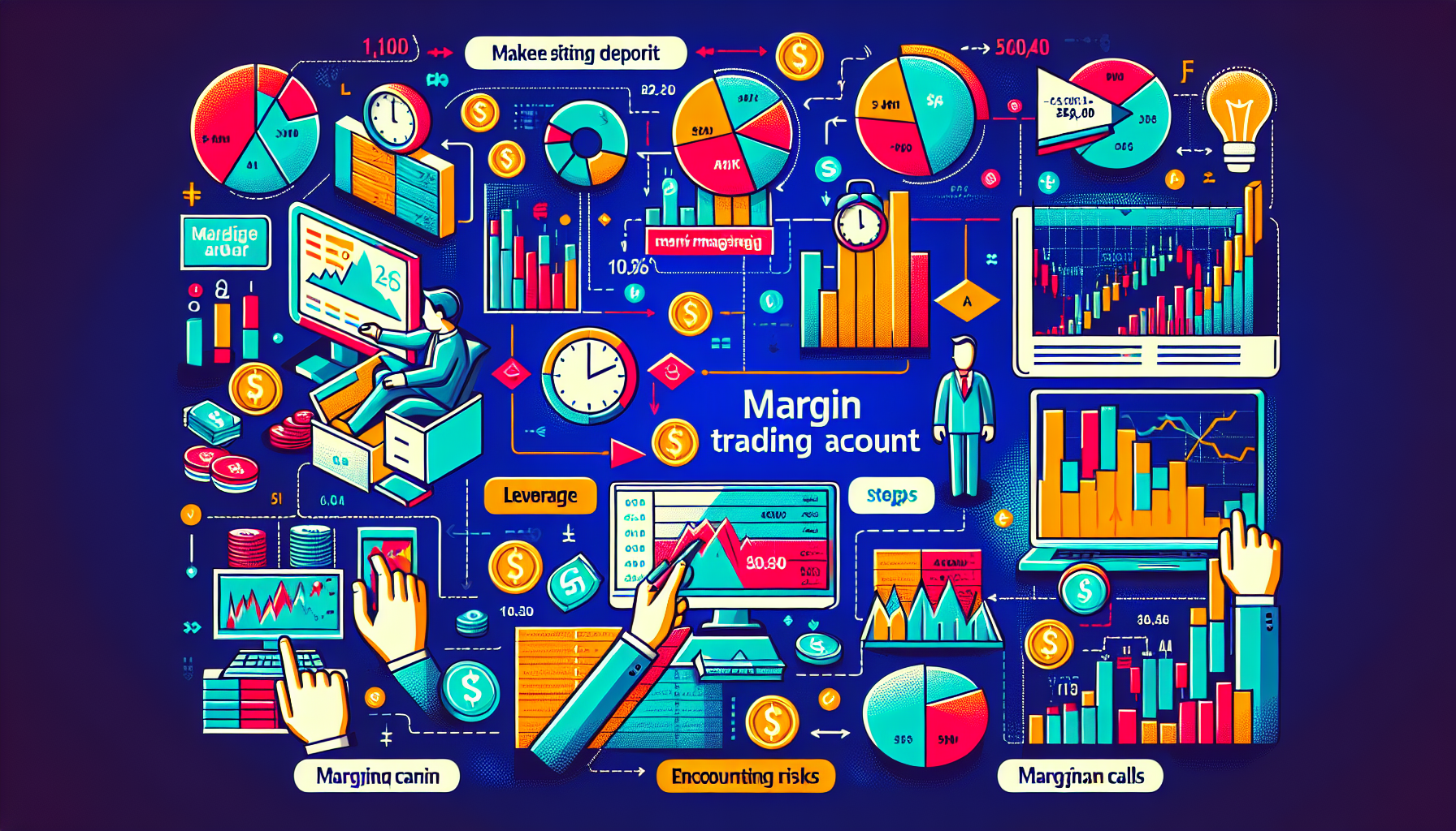Create an illustration showing the process of opening and managing a margin trading account, featuring key elements such as initial deposits, maintenance margin, and a depiction of margin calls. Include visual representations of the leverage concept, highlighting both potential rewards and risks. The image should have a financial theme, with elements like charts, graphs, and currency symbols, emphasizing the complexity and mechanics involved in margin trading accounts.