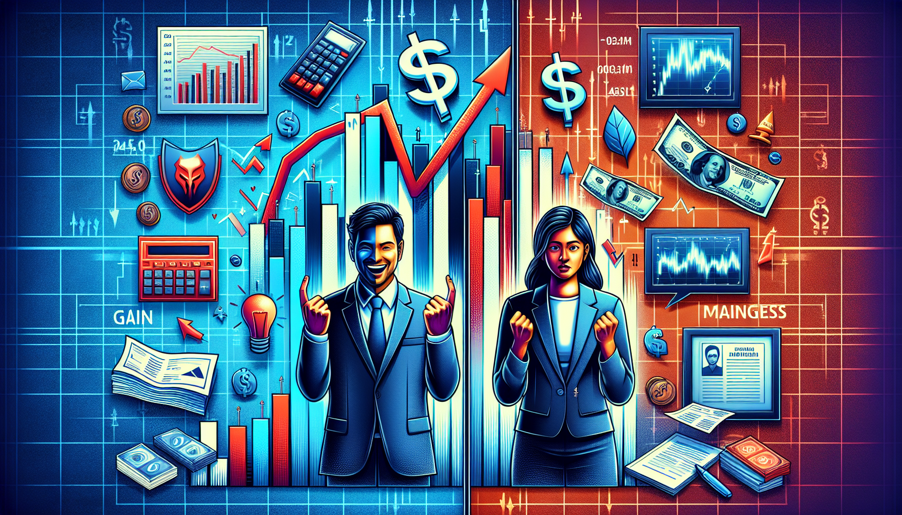 Create an image that showcases the benefits and drawbacks of using margin trading accounts. The scene should be a balanced split: on one side, a confident investor celebrates high returns with ascending financial charts and dollar signs. On the other side, a worried investor grapples with financial reports and descending charts, symbolizing potential losses and margin calls. The background should subtly display a dynamic financial market with blue and red tones, highlighting the contrast between success and risk. Include small icons of calculators, bank notes, warning signs, and regulatory documents to represent the complexities and considerations involved in margin trading.