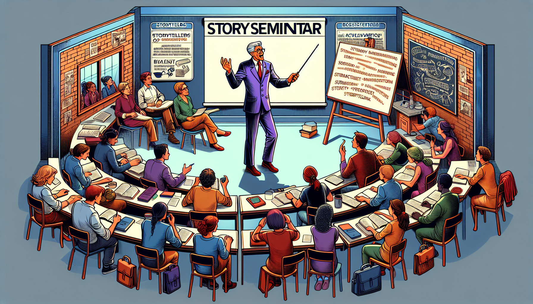 Create an image that captures a vibrant classroom setting where Robert McKee, a distinguished and energetic figure, is passionately conducting his famous Story Seminar. The room is filled with diverse and attentive storytellers, scriptwriters, and aspiring authors taking notes and engaging in the seminar. Show McKee elaborating on storytelling techniques using a projector or whiteboard with diagrams and notes about narrative structure, character development, and dramatic tension. Additionally, include a few success stories of McKee