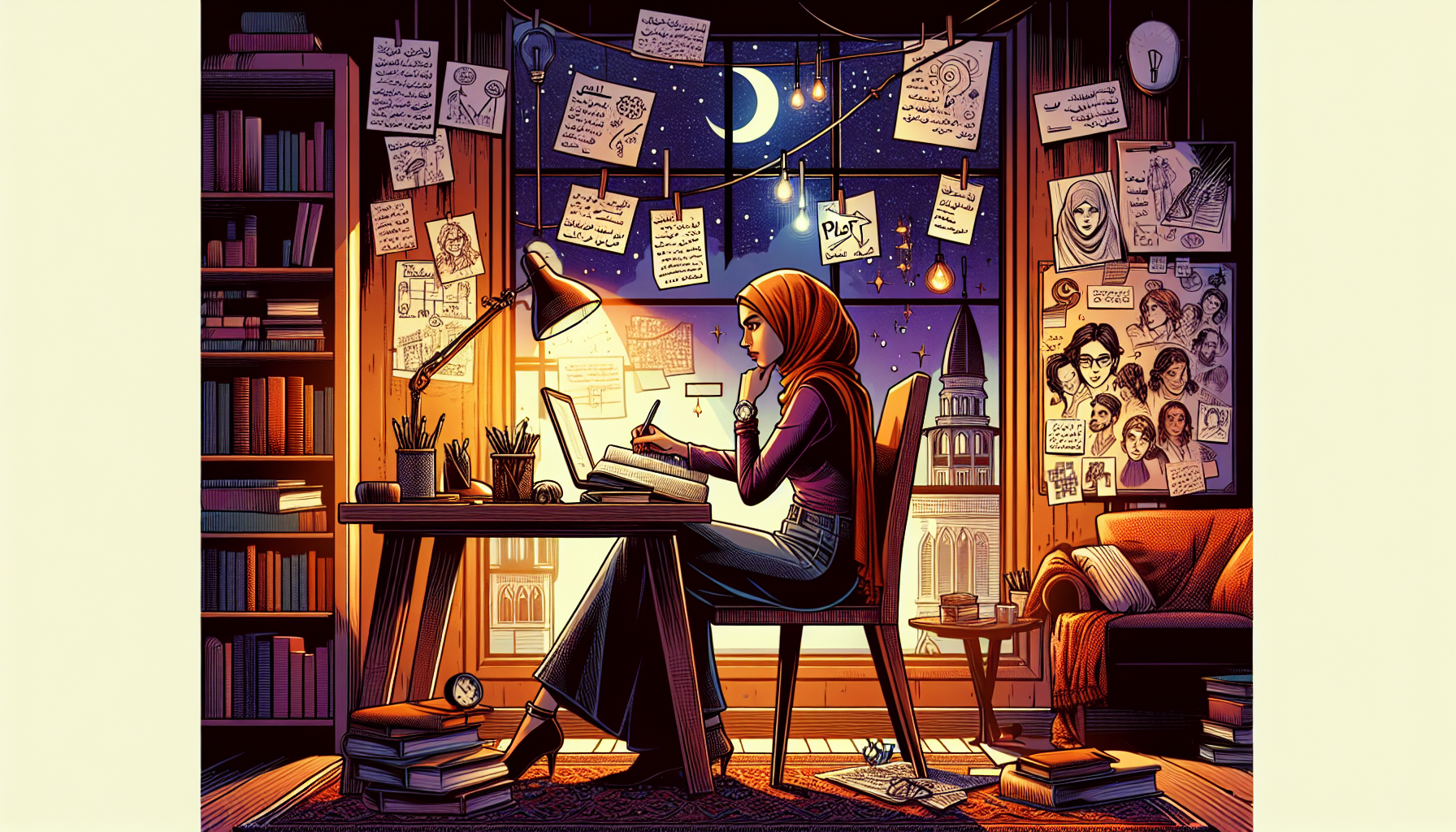 Create an image of a writer at their desk in a cozy room, deeply engrossed in crafting a story. On the desk, there are notes and a copy of Robert McKee