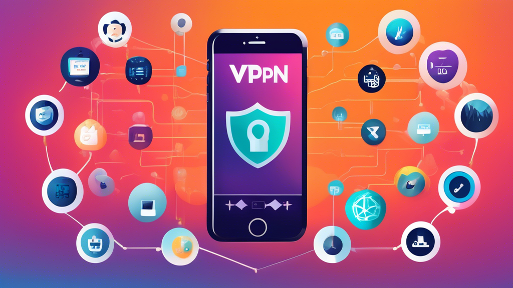 Create an image illustrating the essential features of a quality VPN for iPhone. The image should include visual representations of strong encryption, a no-logs policy, high-speed performance, user-friendly app interfaces, and excellent customer support. Incorporate an iPhone prominently in the center, surrounded by icons or symbols that depict each key feature, ensuring the theme is vibrant and modern. Keywords to incorporate: vpn for iphone, key features.