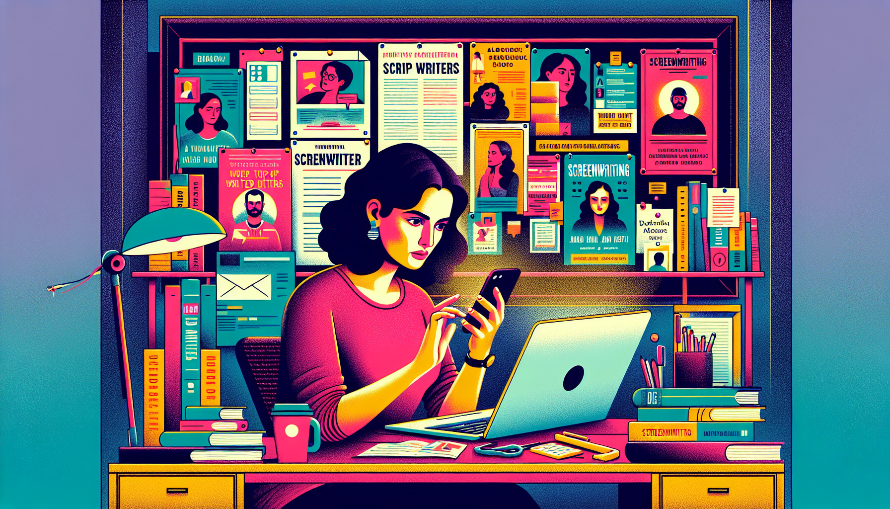 Create a vibrant scene showing a person searching for top script writers near them. The image should depict them using various tools: a laptop open to an online directory, a smartphone showing social media profiles of writers, and a bulletin board with flyers for local writing groups and workshops. The background should include elements like bookshelves filled with screenwriting books, a coffee cup, and a cozy, creative workspace atmosphere. The expression on the person’s face should reflect curiosity and determination.