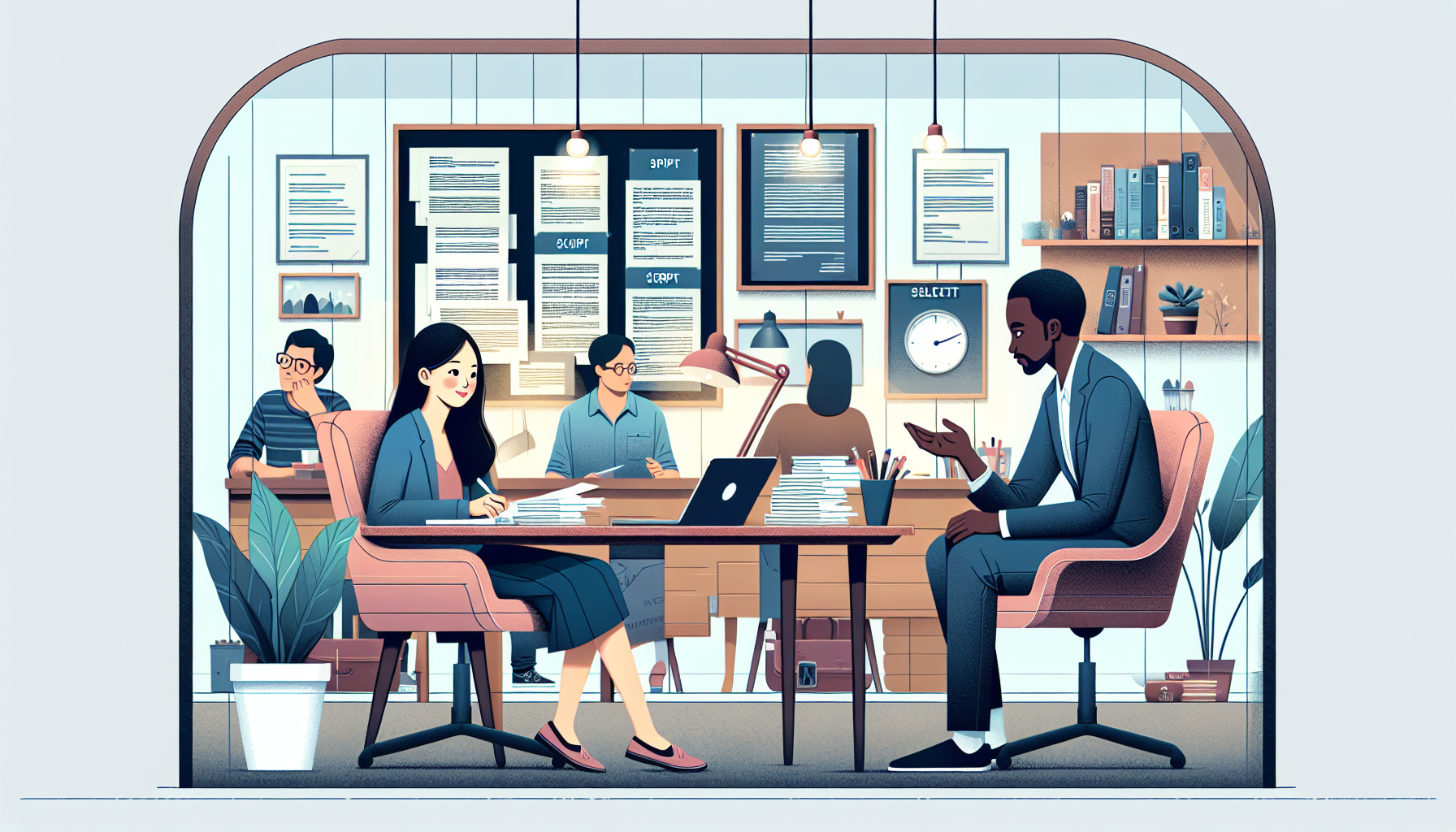 An image depicting a person evaluating portfolios and conducting interviews with script writers. The scene is set in a cozy office with a desk cluttered with scripts and a laptop displaying different writing samples. The individual is thoughtfully interacting with a script writer across the desk, while other potential candidates are waiting in the background. The atmosphere is professional yet inviting, emphasizing careful evaluation and selection. Keywords: script writers, interviews, portfolios, evaluation.