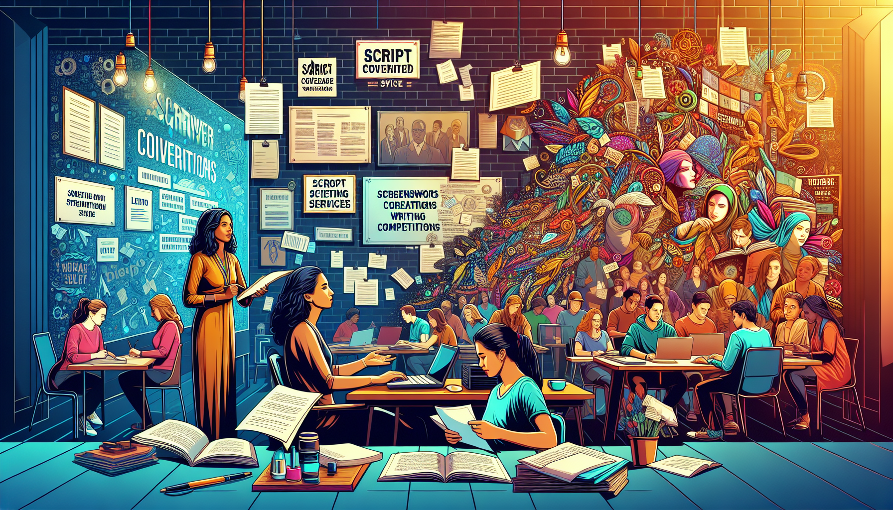 Create an image depicting a bustling creative environment filled with aspiring screenwriters deeply engaged in writing and editing scripts. In the foreground, a mentor provides personalized feedback to a writer at a desk scattered with screenplay pages. Around the room, posters advertise We Screenplay Script Coverage, Contests & Competitions, and Workshops & Resources. The background features a bulletin board filled with notes and success stories, symbolizing the comprehensive services provided by We Screenplay. The overall ambiance should exude encouragement and collaboration.