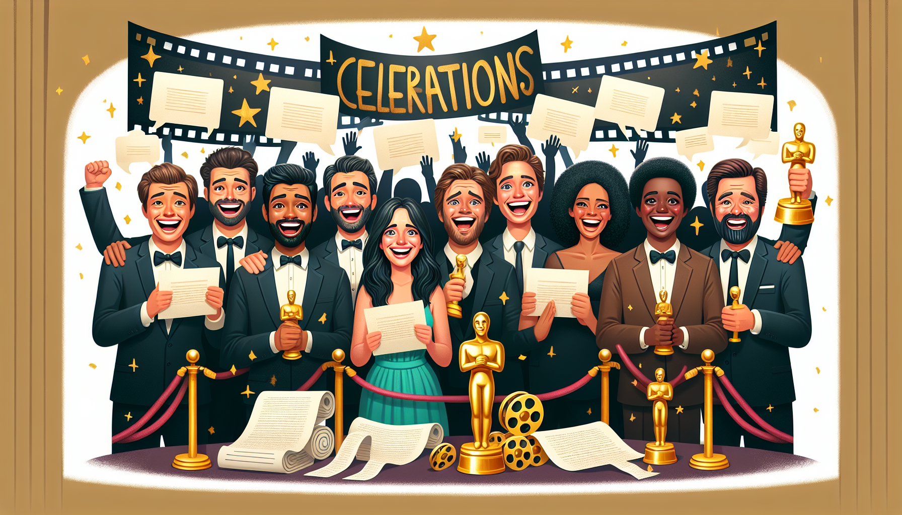 Create an image of a diverse group of jubilant screenwriters standing together at an awards ceremony, holding golden statuettes and certificate plaques. In the background, there
