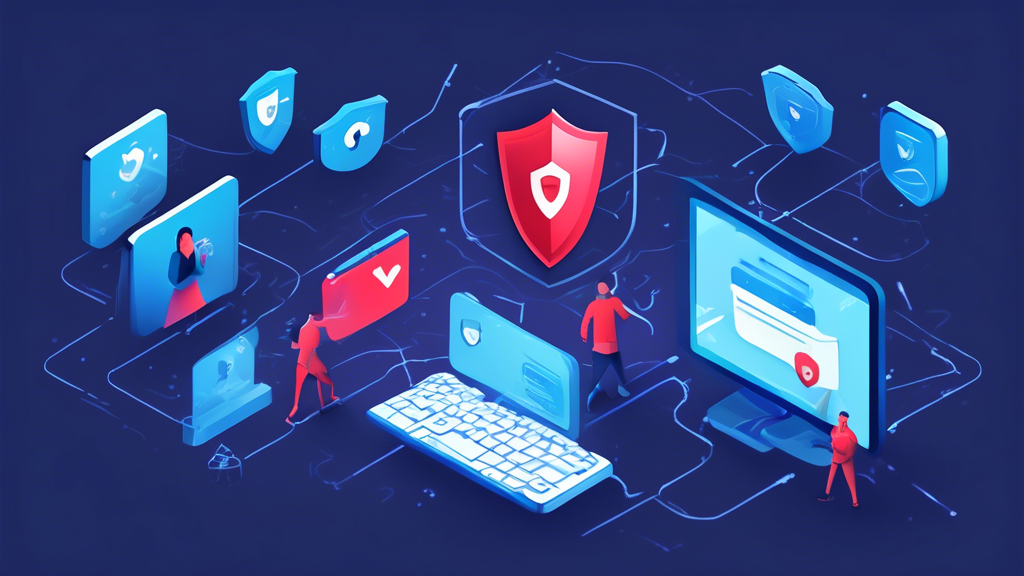 Create an image showcasing how NordVPN guarantees online security. Illustrate a user browsing the internet with a secure digital shield around them, representing encryption protocols. Highlight additional security features such as a 