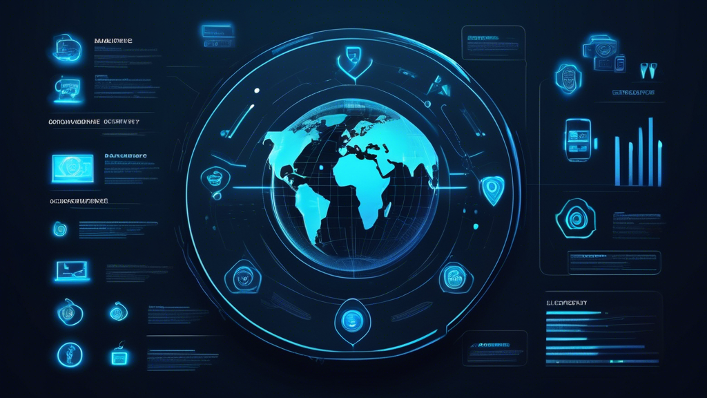 Create an image that shows a variety of digital metrics including speed, security, and device compatibility, all represented in a sleek, modern interface. The main focal point should be a globe surrounded by interconnected devices like smartphones, laptops, and tablets. Include visual elements suggesting encryption and privacy, such as padlocks and shields, to emphasize security features. The overall design should be tech-savvy and polished, reflecting the process of choosing the best VPN for versatile needs.