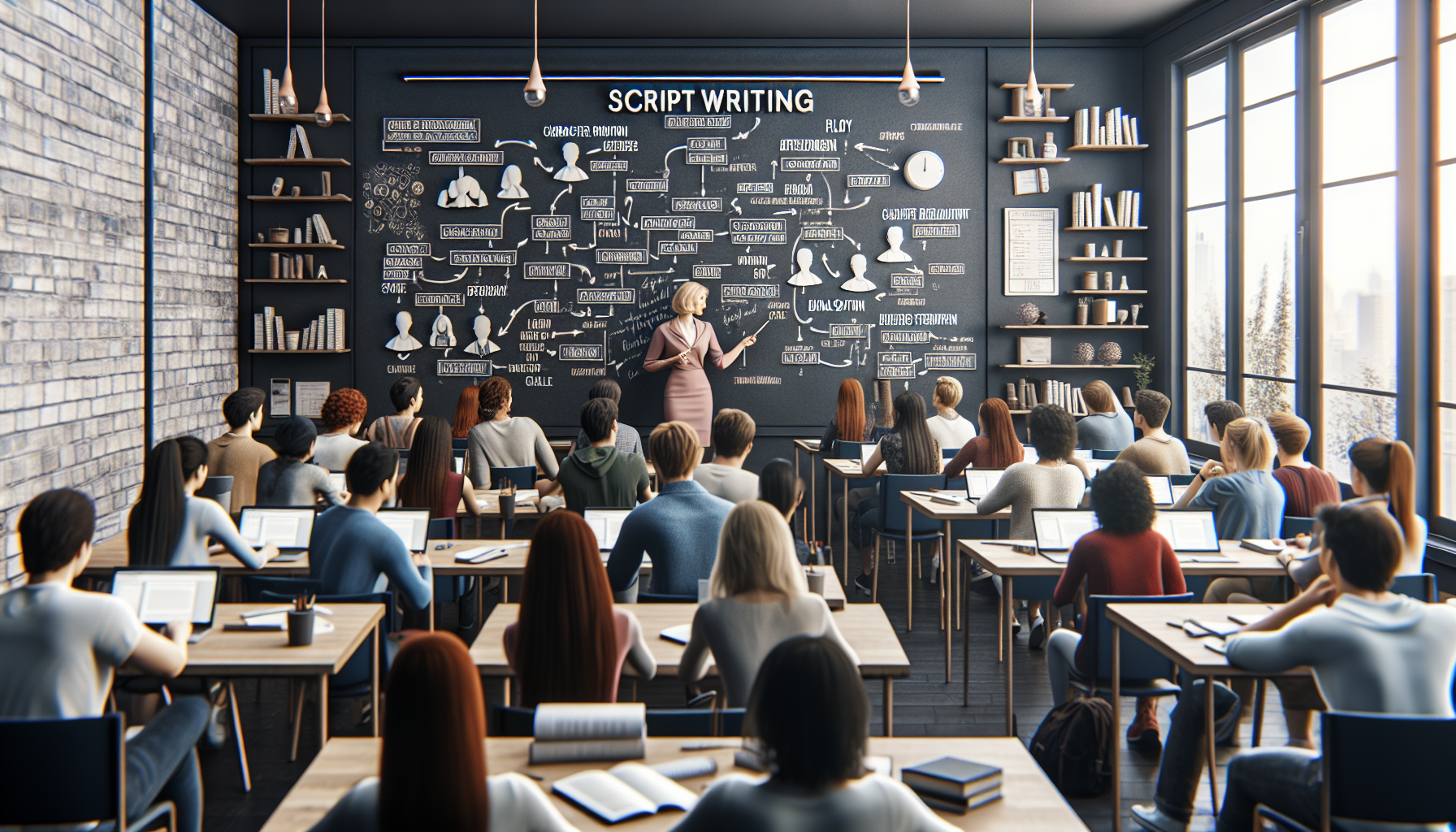 An intricately designed classroom setting with students engaged in a script writing masterclass. Highlight a professor guiding students through the core elements of script writing, including character development, plot structure, and dialogue techniques. Showcase visual aids like character sketches, plot diagrams, and dialogue snippets on a whiteboard. Capture the collaborative and focused atmosphere of the class, with students visibly invested in their learning process. Include subtle elements that suggest an emphasis on creating memorable characters, compelling story arcs, and impactful conversations. Keywords: masterclass script writing.