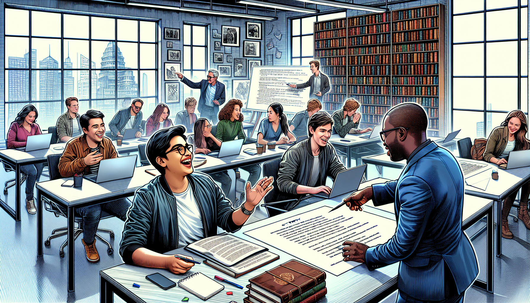 A dynamic scene showcasing the benefits of enrolling in a script writing masterclass. The image features an aspiring writer in a cozy, modern classroom setting, eagerly interacting with a renowned industry professional pointing at a story outline on a whiteboard. Surrounding them are other focused students, with laptops and notebooks open, engaged in discussion and creative brainstorming. The background includes shelves full of film scripts and screenwriting books, with a large window showing a bustling cityscape indicating real-world applications. There’s a palpable energy of collaboration, learning, and networking.