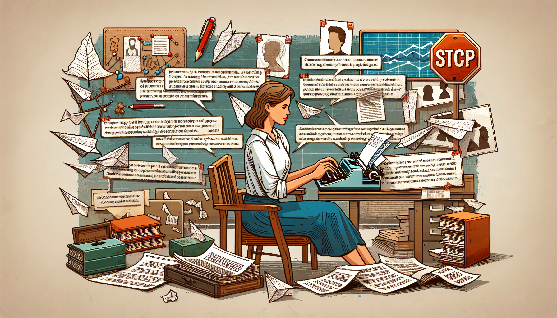 Create an image that illustrates the process of enhancing screenwriting skills. The scene should show a thoughtful writer at a desk covered in notes and crumpled paper, typing on a vintage typewriter. Surrounding them, incorporate elements symbolizing storytelling and character development, such as character sketches, a storyboard, and a bookshelf filled with classic screenplays. Include a speech bubble from the typewriter with dialogue to represent authentic character voices, and a caution sign with 