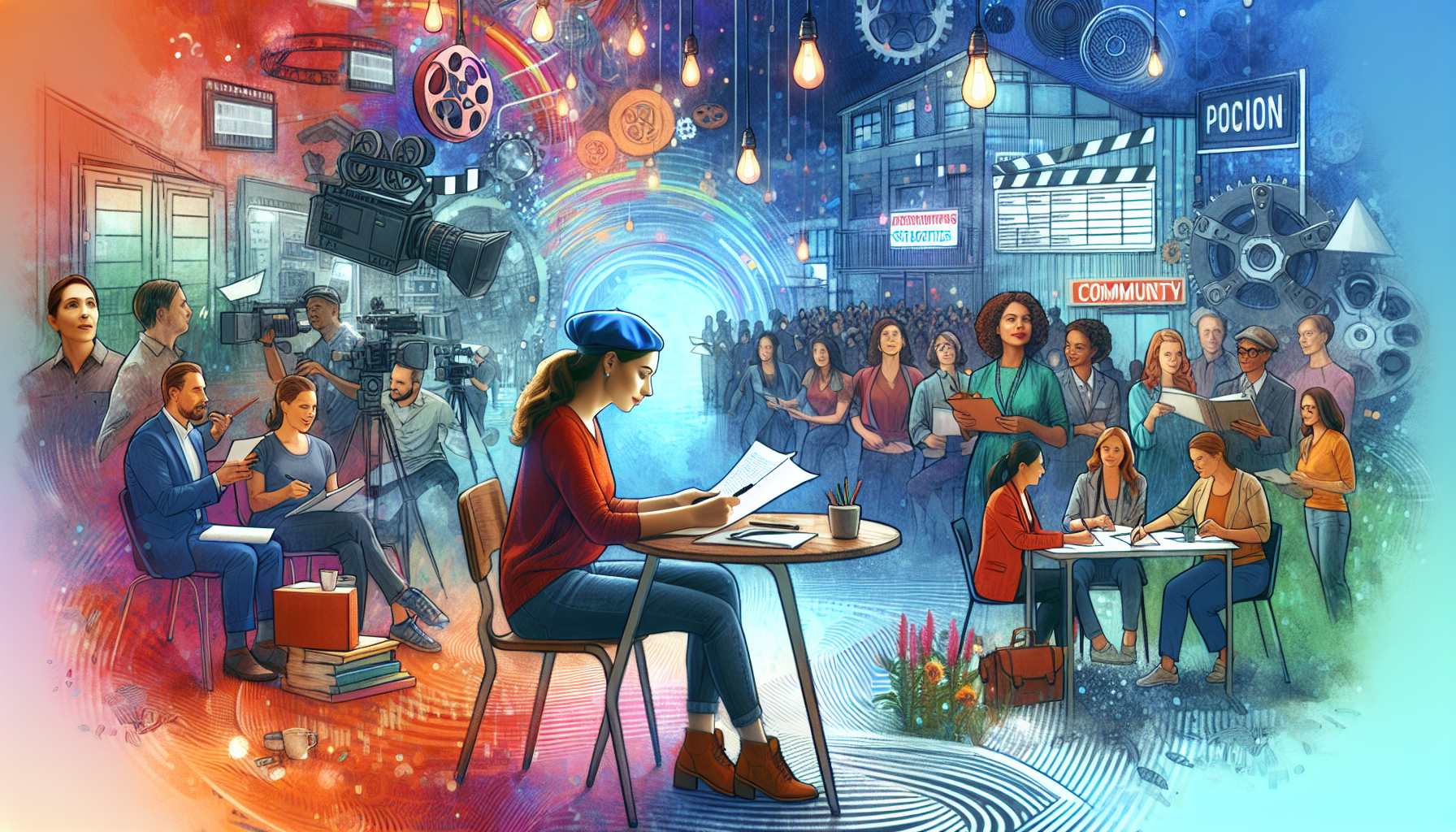 Create an image depicting the journey of an aspiring screenwriter embarking on advanced strategies to elevate their craft. The scene showcases a bustling film industry environment with elements like networking events, collaborative brainstorming sessions, and professional workshops. In the foreground, an enthusiastic screenwriter carries a script while engaging with industry professionals. Background elements include a film set in production, a group attending a screenwriting course, and vibrant community spaces dedicated to continuous learning. Emphasize the dynamic and interconnected nature of the film industry, highlighting the theme of learning screenwriting through visual cues.