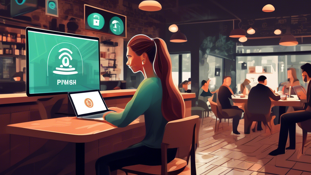 Create an image that depicts a person using a laptop in a busy coffee shop, connected to a public Wi-Fi network. The laptop screen should display the IPVanish VPN logo, indicating a secure and encrypted connection. Surroundings should include people, tables, and coffee cups, illustrating a typical public space where network security is critical. The background should suggest urban aesthetics, like large windows showing a cityscape. Overlay graphical elements should convey data protection, like digital padlocks and shield icons, emphasizing the secure connection and protection in a public setting.